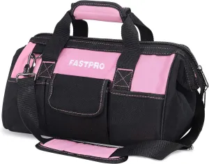 FASTPRO 14-Inch Pink Tool Bag for Women, Zip-top Wide Mouth Open Tool Organizer, with Adjustable Shoulder Strap