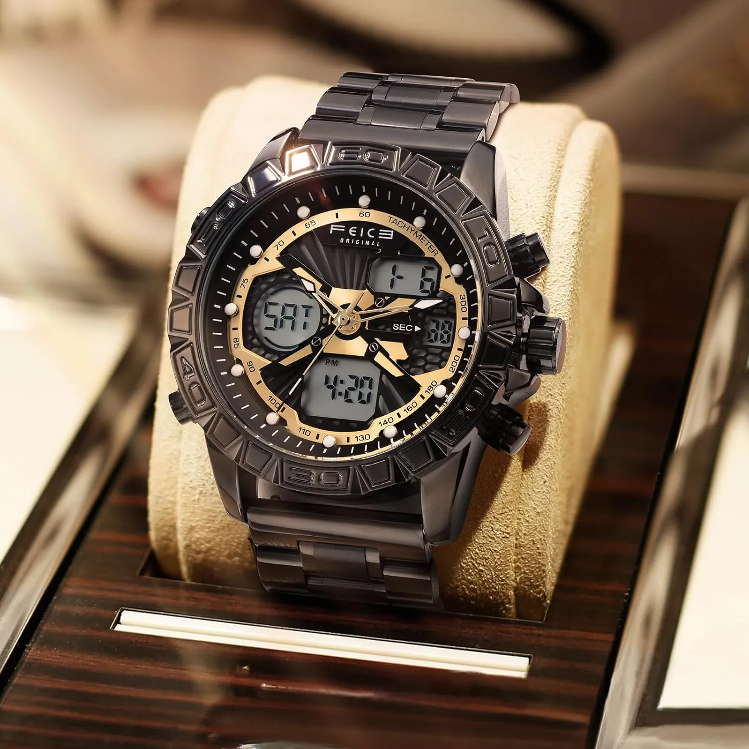 FEICE Men's Sport Luxury Chronograph Watch – Military-Style Digital Analog Quartz Wristwatch with Stainless Steel Band, 3ATM Waterproof, Backlight, Dual Time Zones, and Alarm