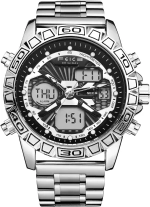 FEICE Men's Sport Luxury Chronograph Watch – Military-Style Digital Analog Quartz Wristwatch with Stainless Steel Band, 3ATM Waterproof, Backlight, Dual Time Zones, and Alarm