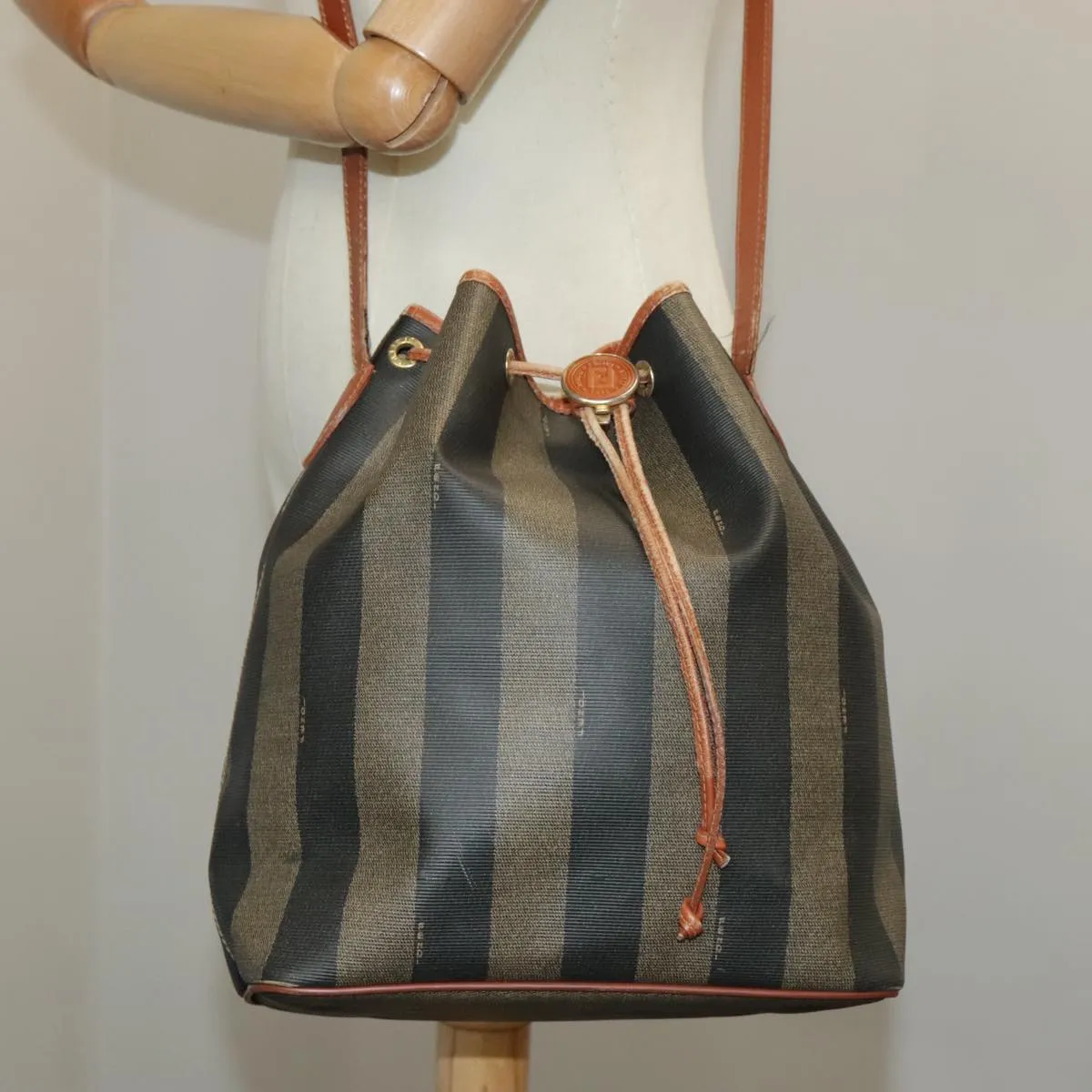 FENDI Pecan Canvas Shoulder Bag Brown Black ar12875
