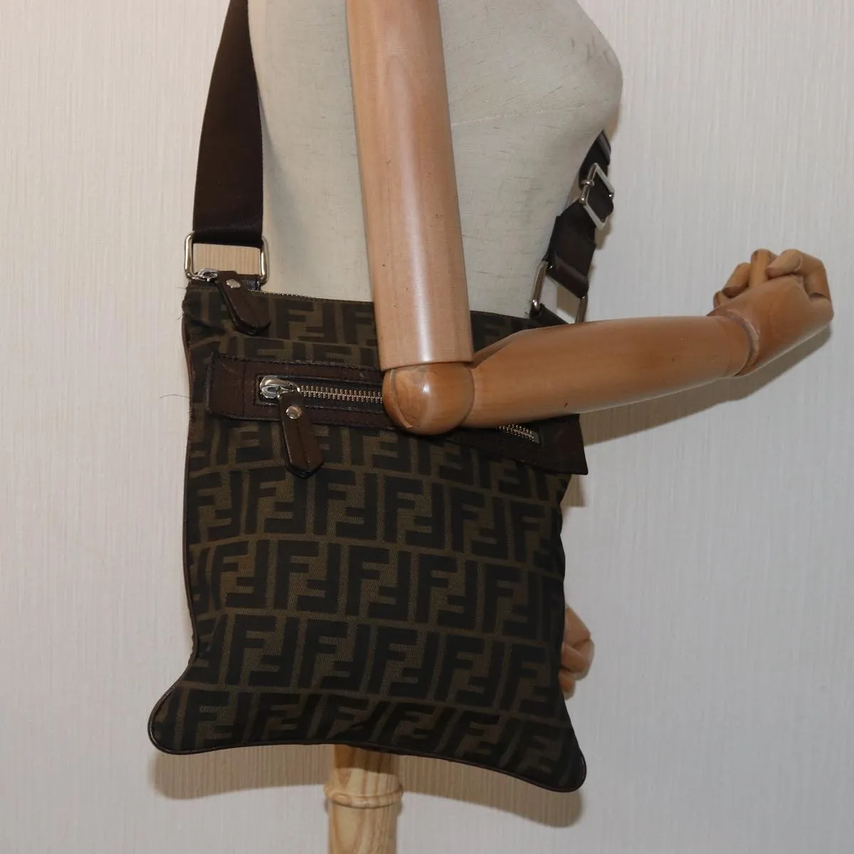 FENDI Zucca Canvas Shoulder Bag Brown Black bs15715