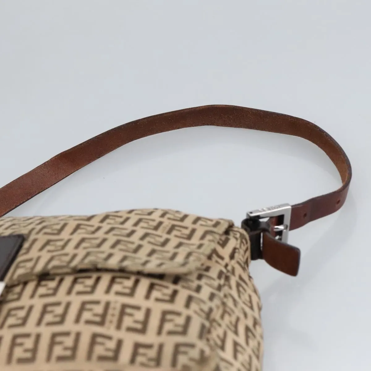 FENDI Zucchino Canvas Mamma Baguette Shoulder Bag Beige Silver 98650