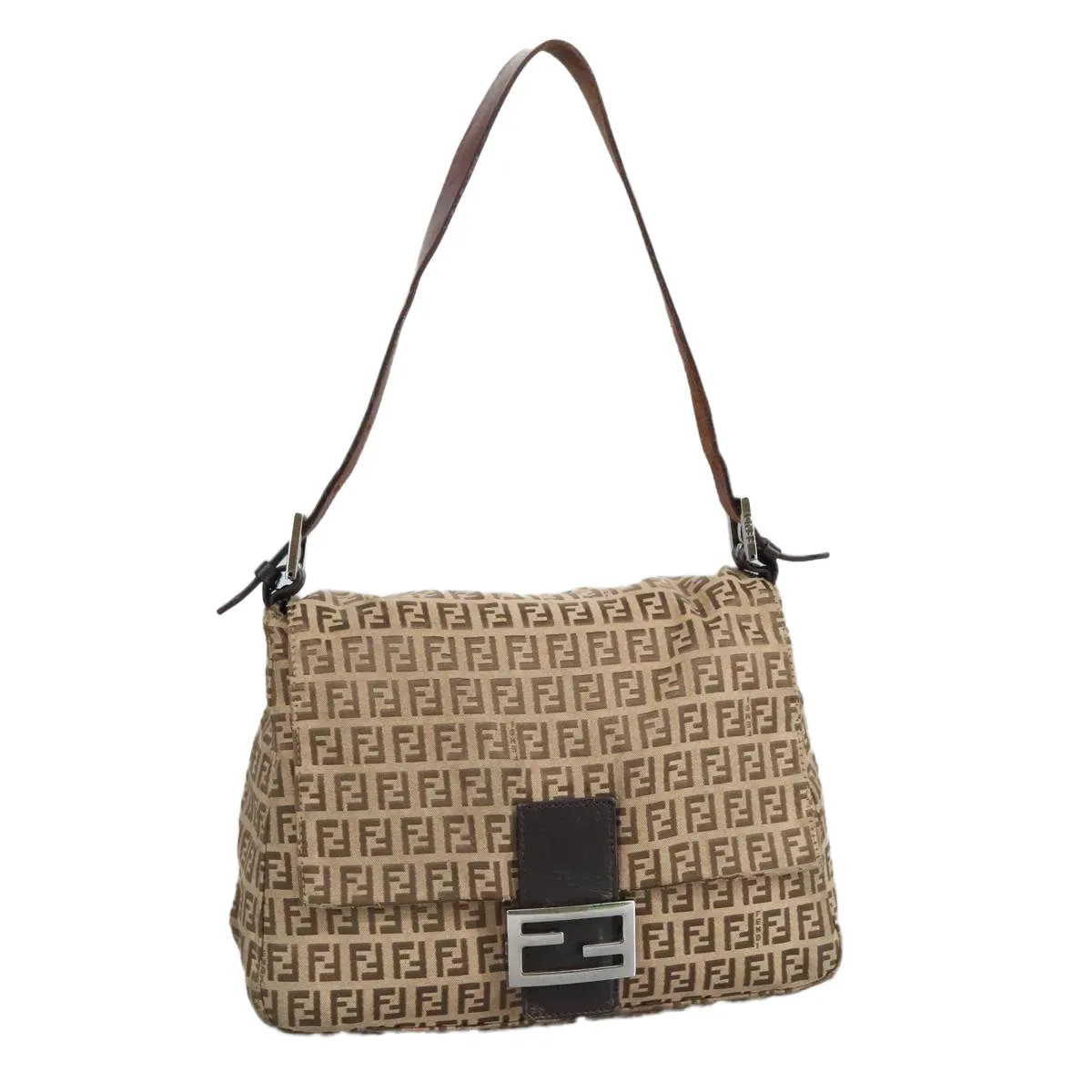 FENDI Zucchino Canvas Mamma Baguette Shoulder Bag Beige Silver 98650