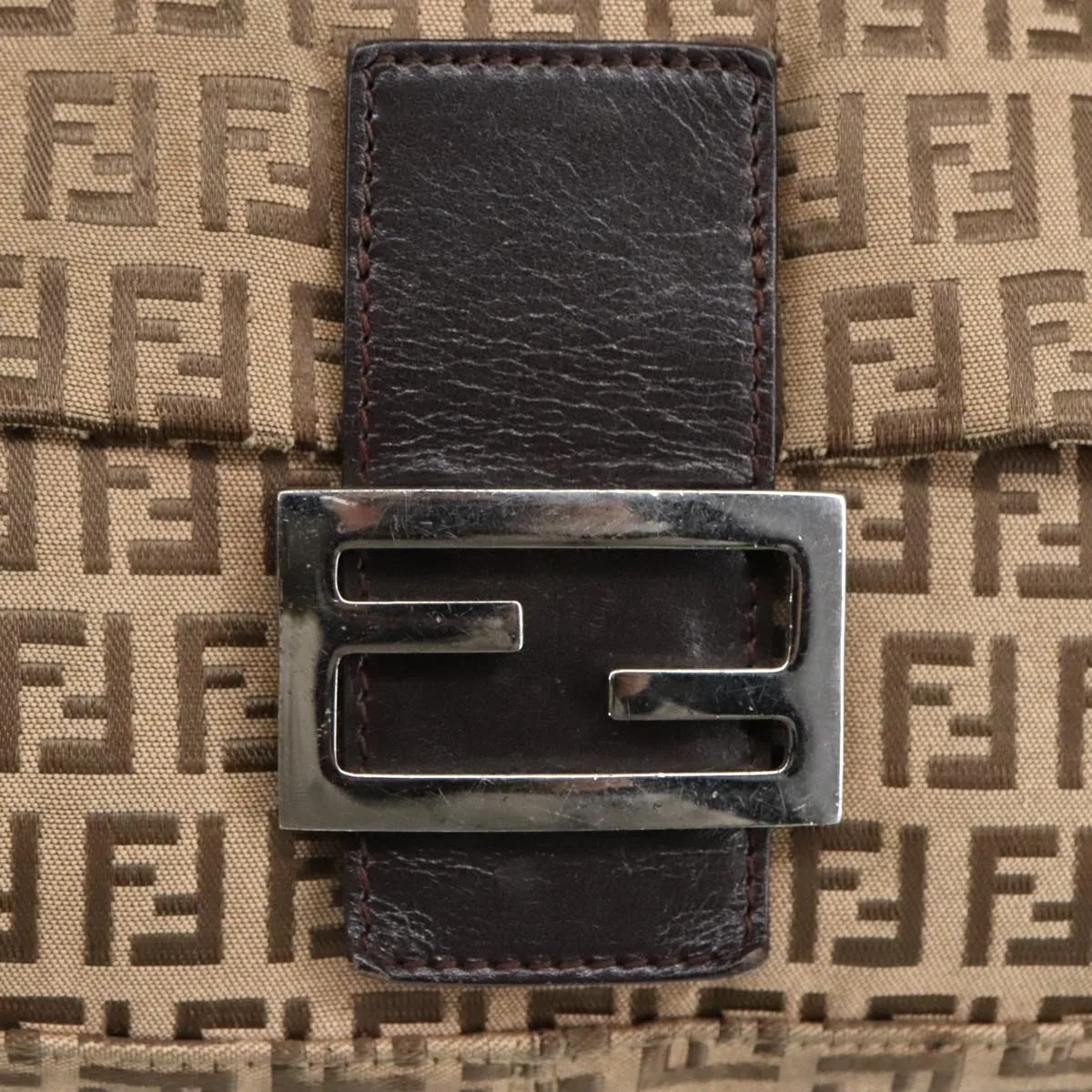 FENDI Zucchino Canvas Mamma Baguette Shoulder Bag Beige Silver 98650