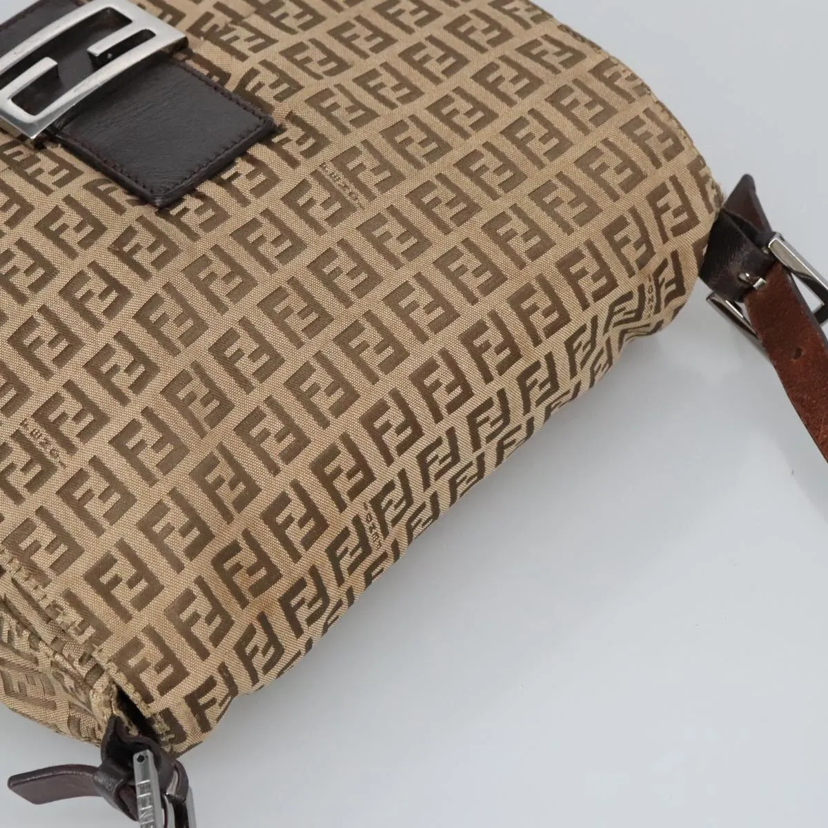 FENDI Zucchino Canvas Mamma Baguette Shoulder Bag Beige Silver 98650