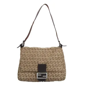 FENDI Zucchino Canvas Mamma Baguette Shoulder Bag Beige Silver 98650