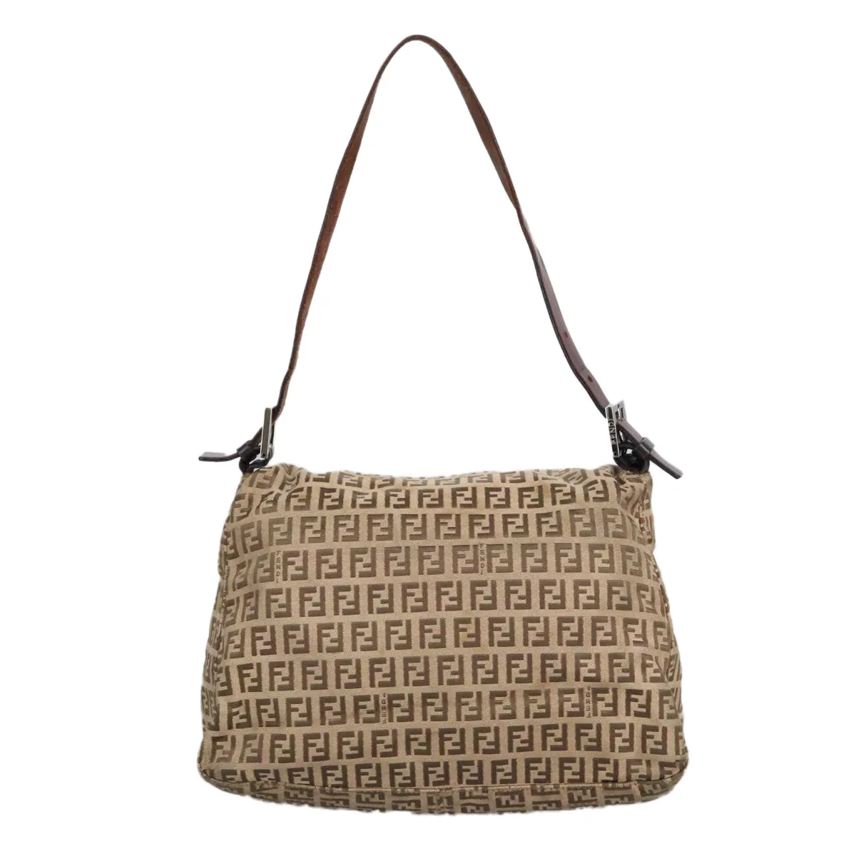 FENDI Zucchino Canvas Mamma Baguette Shoulder Bag Beige Silver 98650