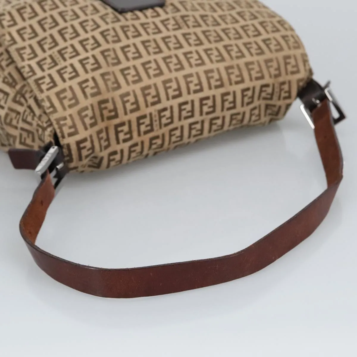 FENDI Zucchino Canvas Mamma Baguette Shoulder Bag Beige Silver 98650
