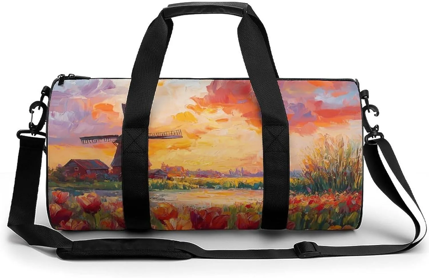 Field Of Tulips And Windmill Compact Gym Bag Travel Duffel Bags Lightweight Foldable Sports Tote Gymbag