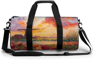 Field Of Tulips And Windmill Compact Gym Bag Travel Duffel Bags Lightweight Foldable Sports Tote Gymbag