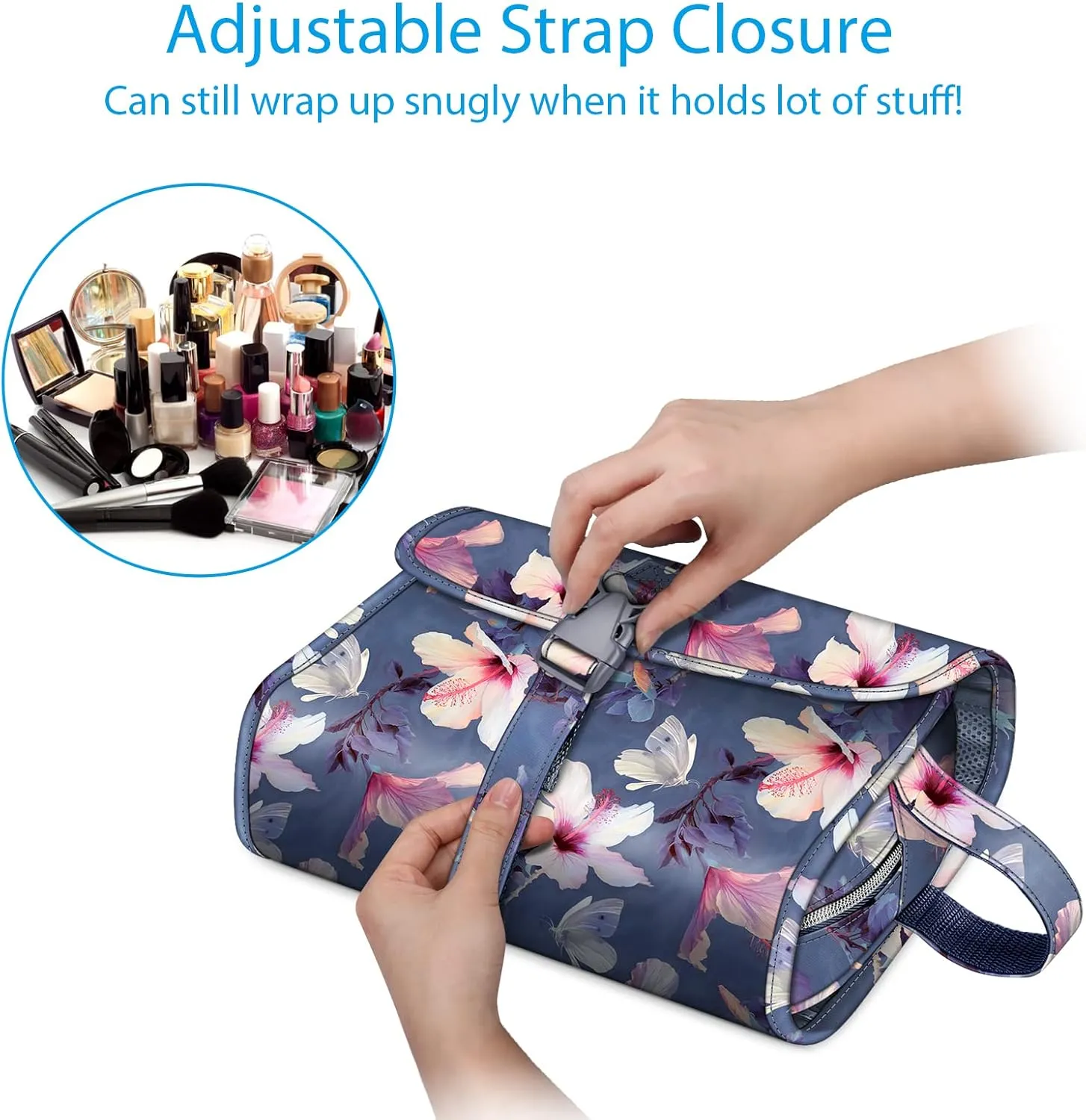 FINTIE Portable Toiletry Cosmetic Travel Bag, Large Water Resistant Hanging Makeup Organizer Storage Pouch Case for Women Girls (Blooming Hibiscus)