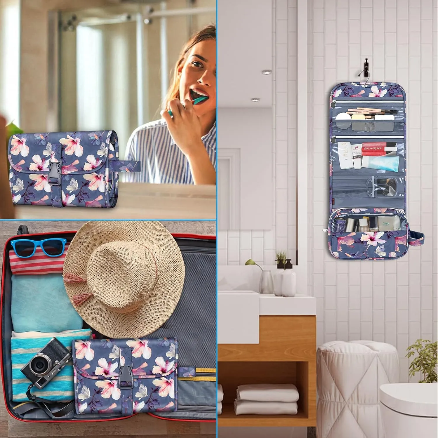 FINTIE Portable Toiletry Cosmetic Travel Bag, Large Water Resistant Hanging Makeup Organizer Storage Pouch Case for Women Girls (Blooming Hibiscus)