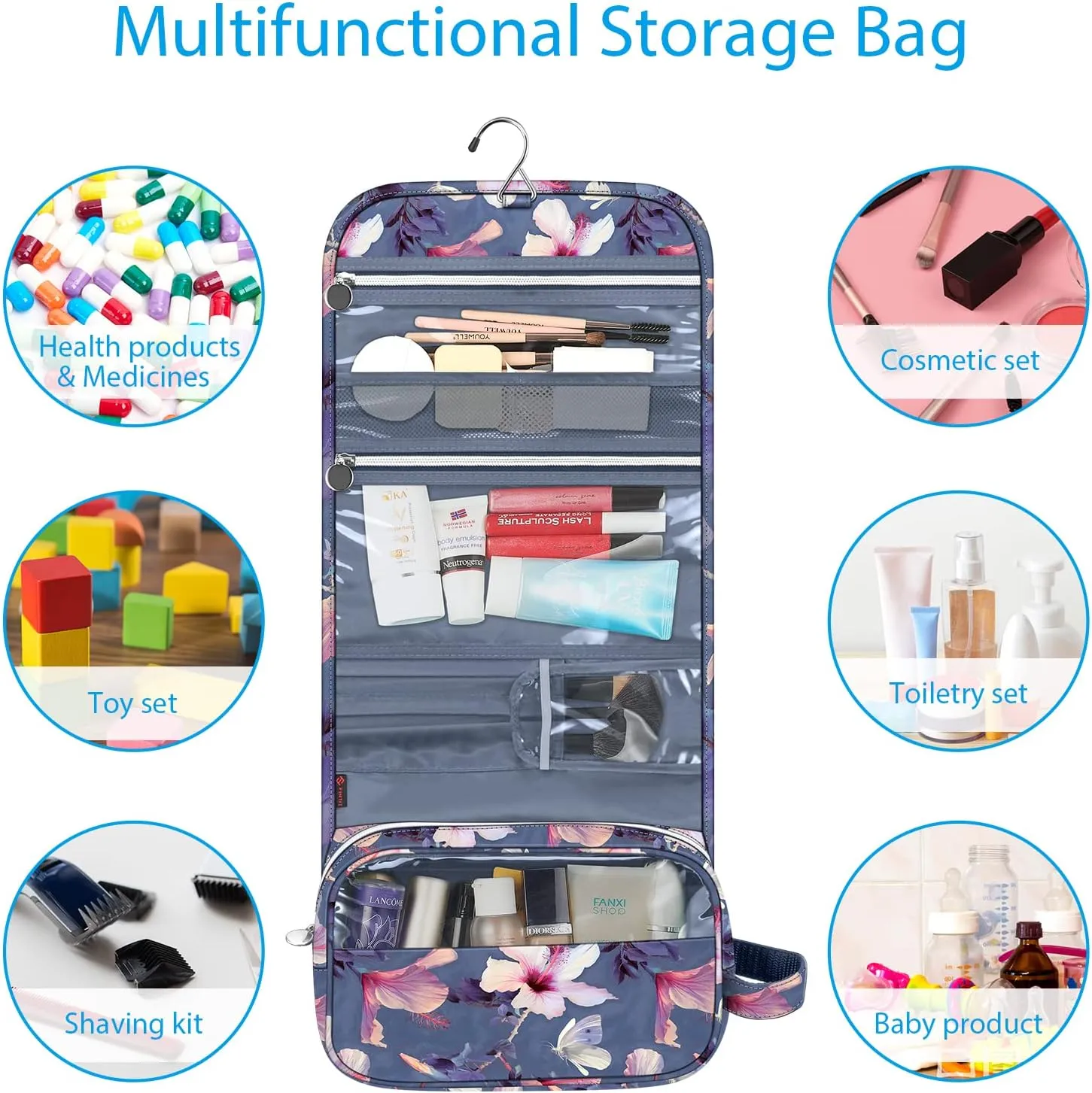 FINTIE Portable Toiletry Cosmetic Travel Bag, Large Water Resistant Hanging Makeup Organizer Storage Pouch Case for Women Girls (Blooming Hibiscus)