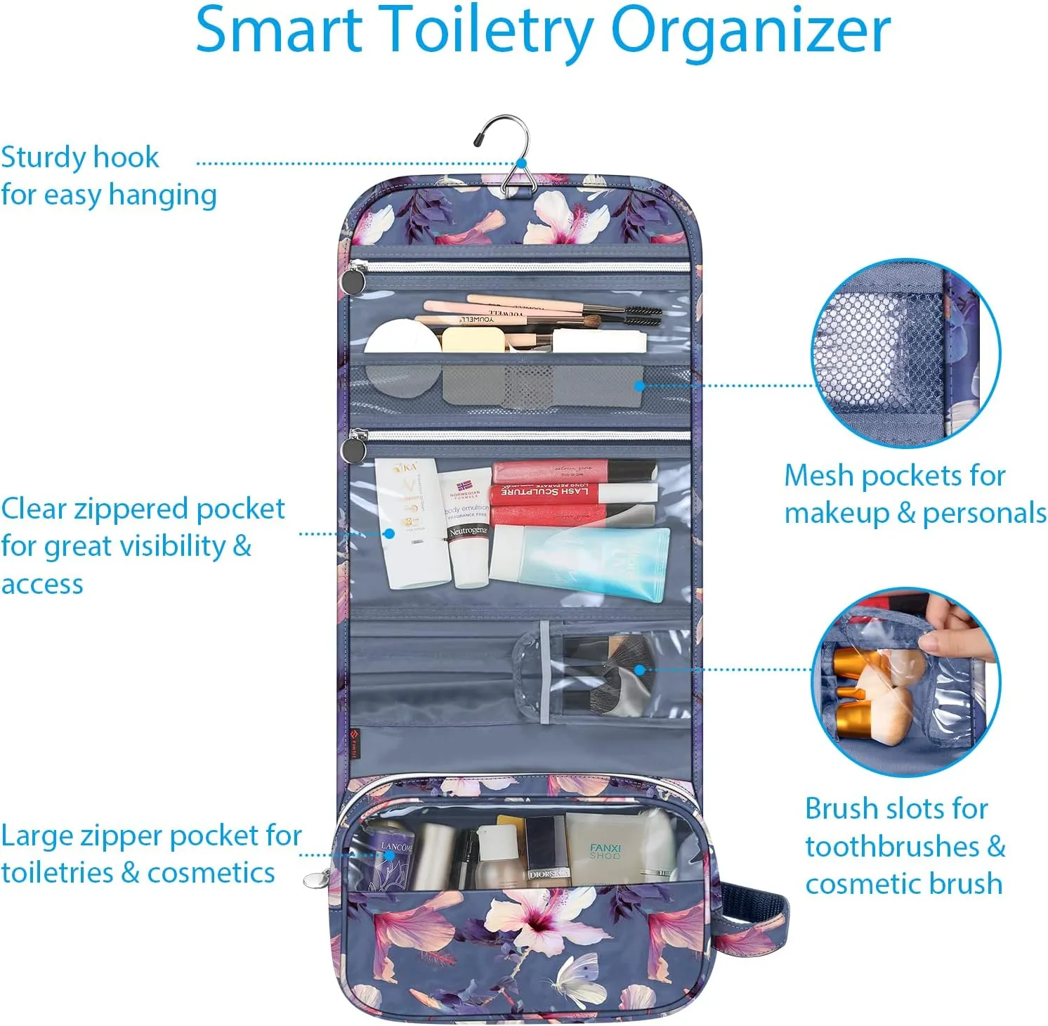 FINTIE Portable Toiletry Cosmetic Travel Bag, Large Water Resistant Hanging Makeup Organizer Storage Pouch Case for Women Girls (Blooming Hibiscus)
