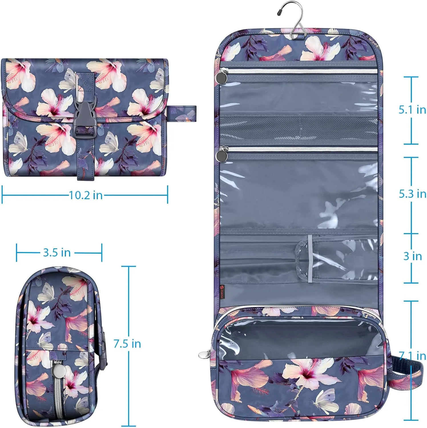 FINTIE Portable Toiletry Cosmetic Travel Bag, Large Water Resistant Hanging Makeup Organizer Storage Pouch Case for Women Girls (Blooming Hibiscus)