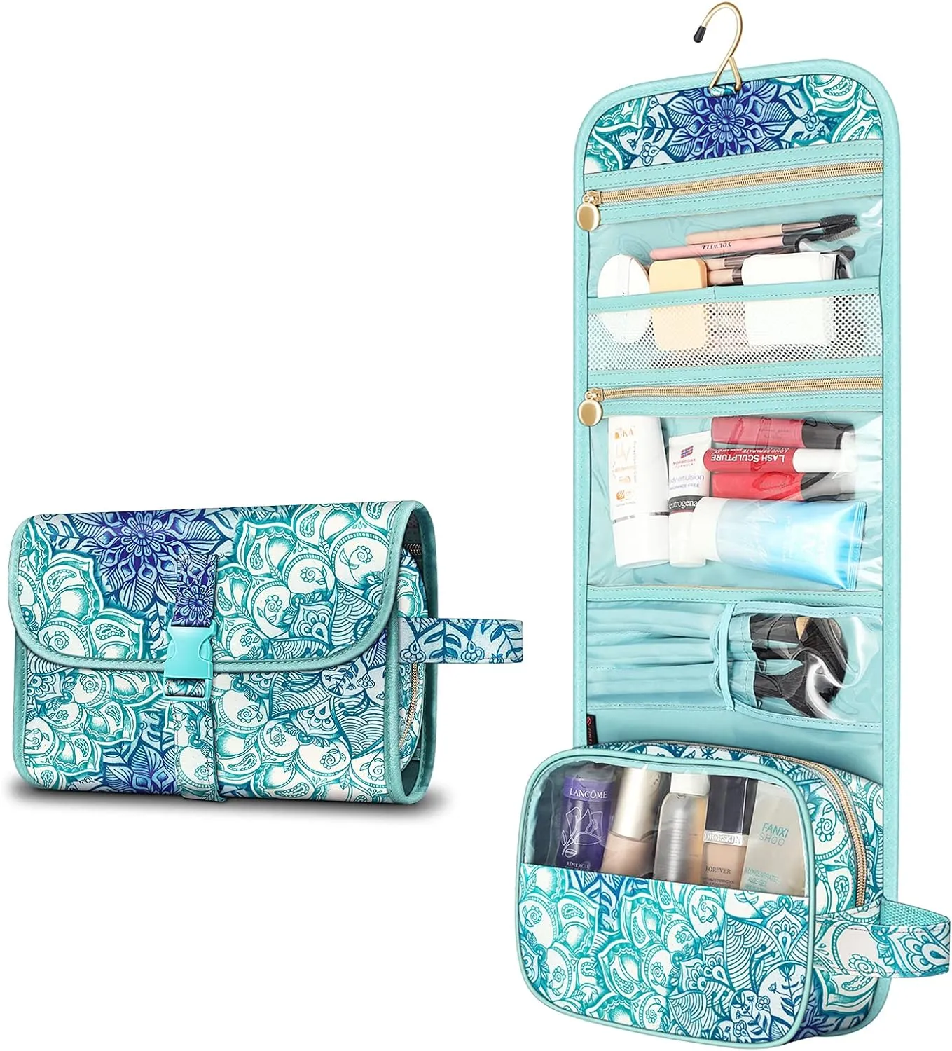 FINTIE Portable Toiletry Cosmetic Travel Bag, Large Water Resistant Hanging Makeup Organizer Storage Pouch Case for Women Girls (Emerald Illusions)
