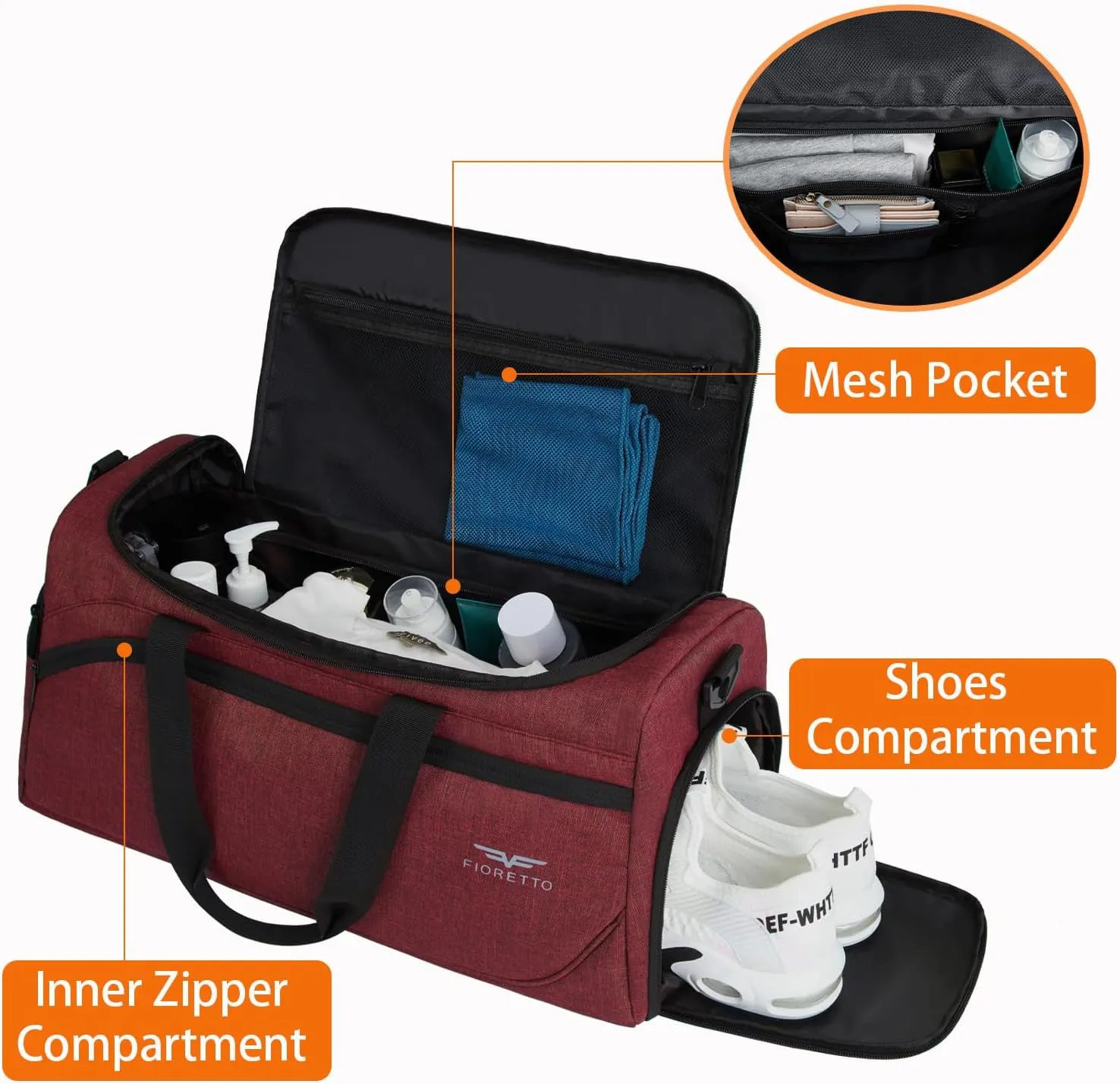 FIORETTO 35L Mens Sports Gym Duffle Bag with Wet Pocket & Shoe Compartment, Overnight Weekender Bag with Padded Shoulder Strap, Ideal for Travel, Gym, Sports, Swimming, Red