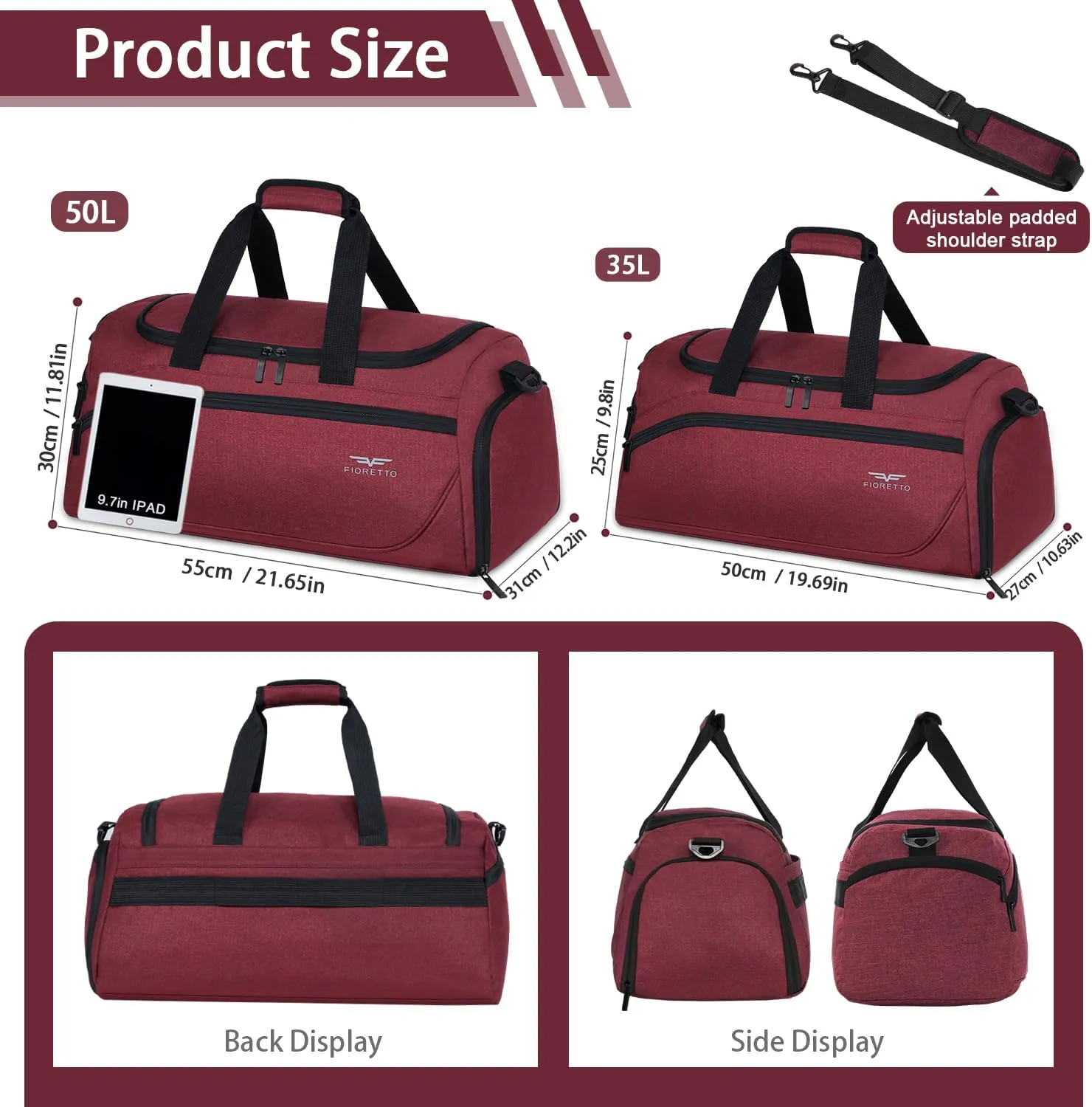 FIORETTO 35L Mens Sports Gym Duffle Bag with Wet Pocket & Shoe Compartment, Overnight Weekender Bag with Padded Shoulder Strap, Ideal for Travel, Gym, Sports, Swimming, Red