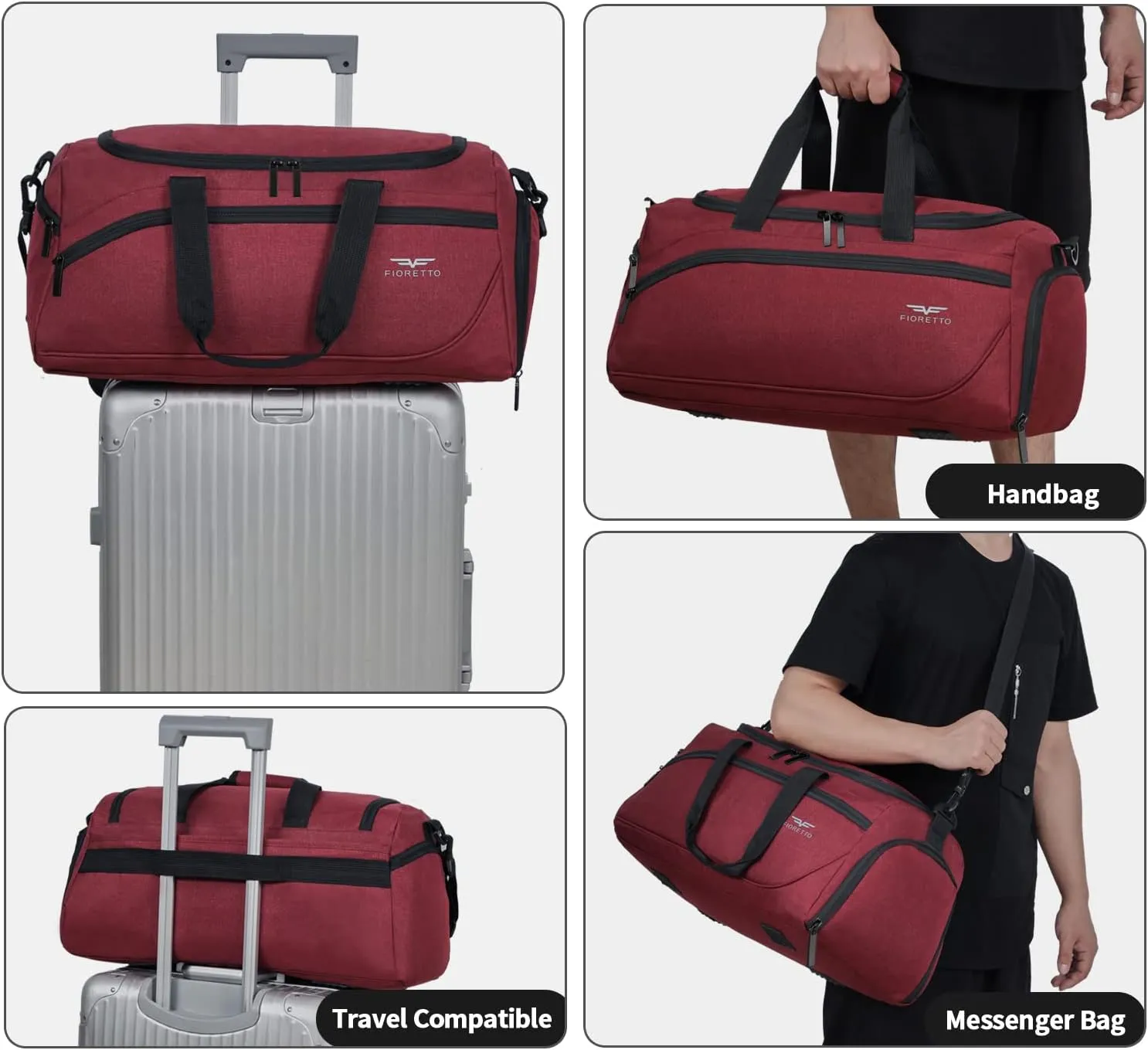 FIORETTO 35L Mens Sports Gym Duffle Bag with Wet Pocket & Shoe Compartment, Overnight Weekender Bag with Padded Shoulder Strap, Ideal for Travel, Gym, Sports, Swimming, Red