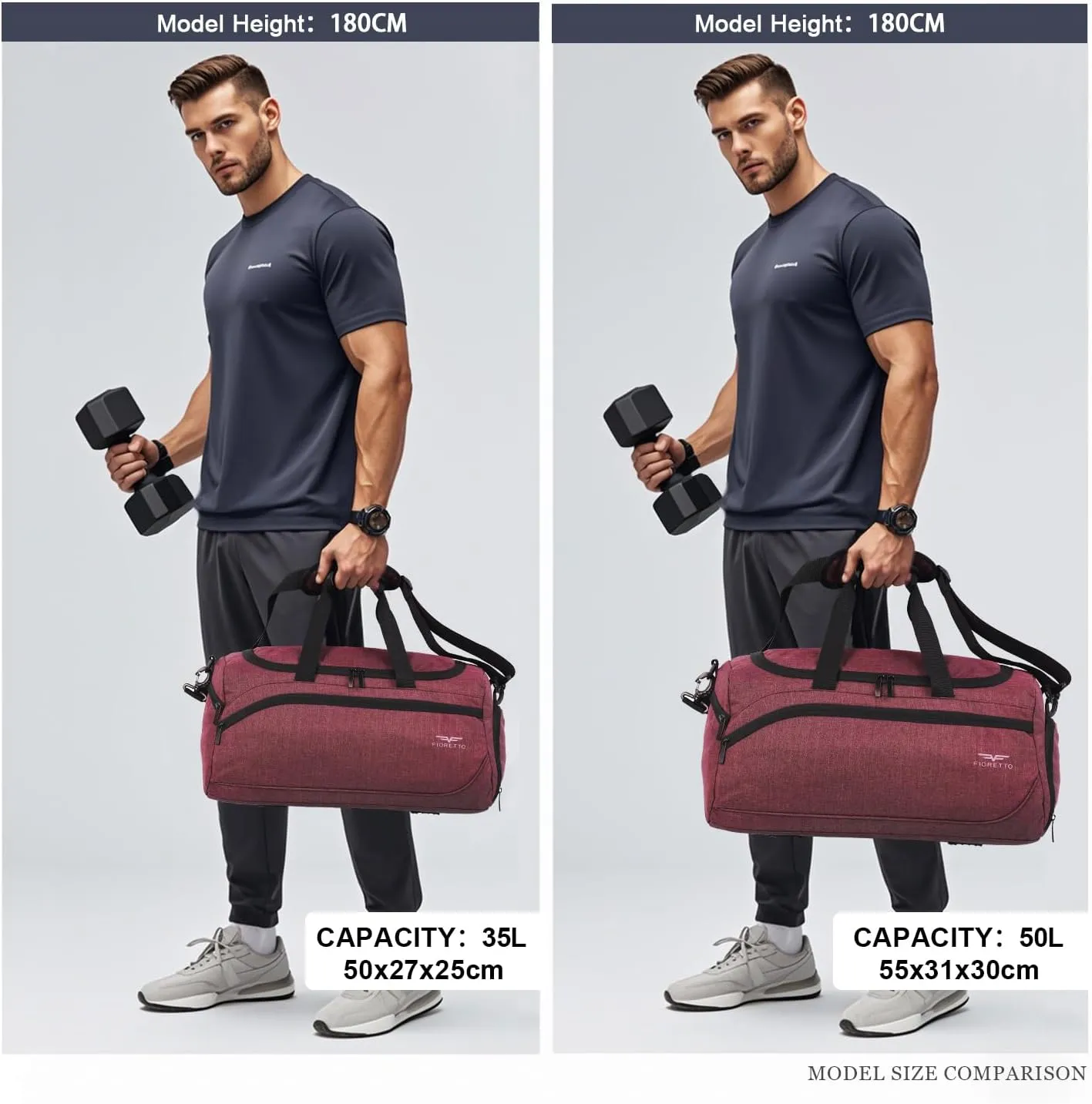 FIORETTO 35L Mens Sports Gym Duffle Bag with Wet Pocket & Shoe Compartment, Overnight Weekender Bag with Padded Shoulder Strap, Ideal for Travel, Gym, Sports, Swimming, Red
