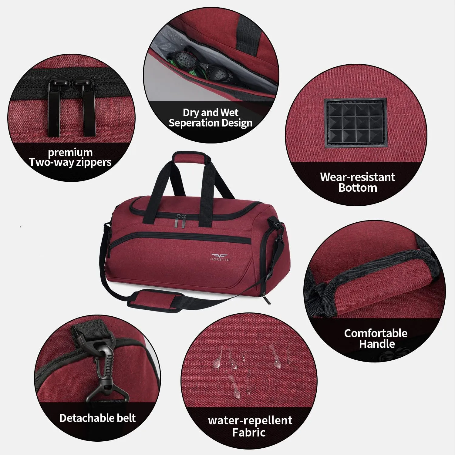FIORETTO 35L Mens Sports Gym Duffle Bag with Wet Pocket & Shoe Compartment, Overnight Weekender Bag with Padded Shoulder Strap, Ideal for Travel, Gym, Sports, Swimming, Red