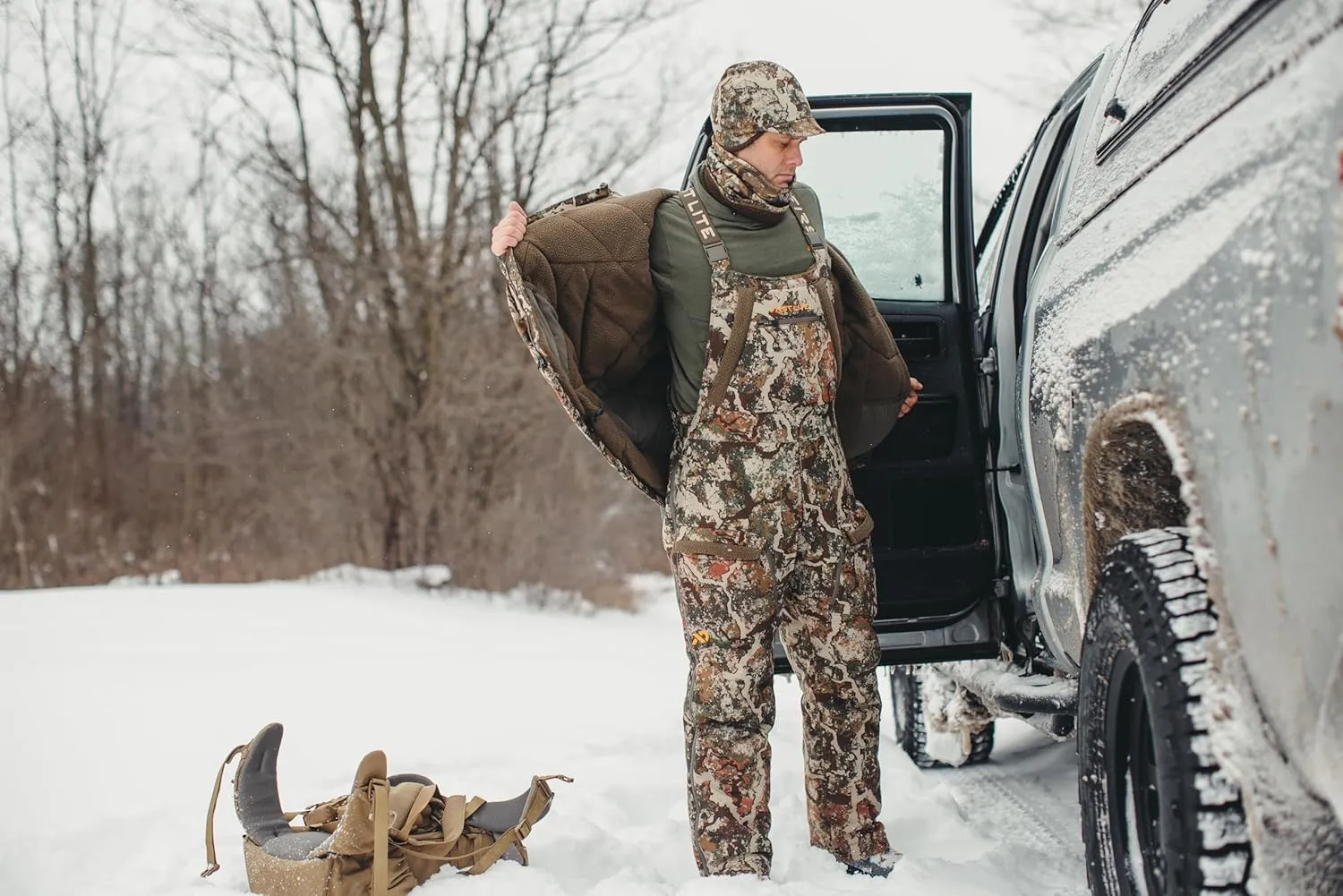 First Lite Men's Thermic Insulated Bib Pant - Warm Windproof Camo Hunting Bibs