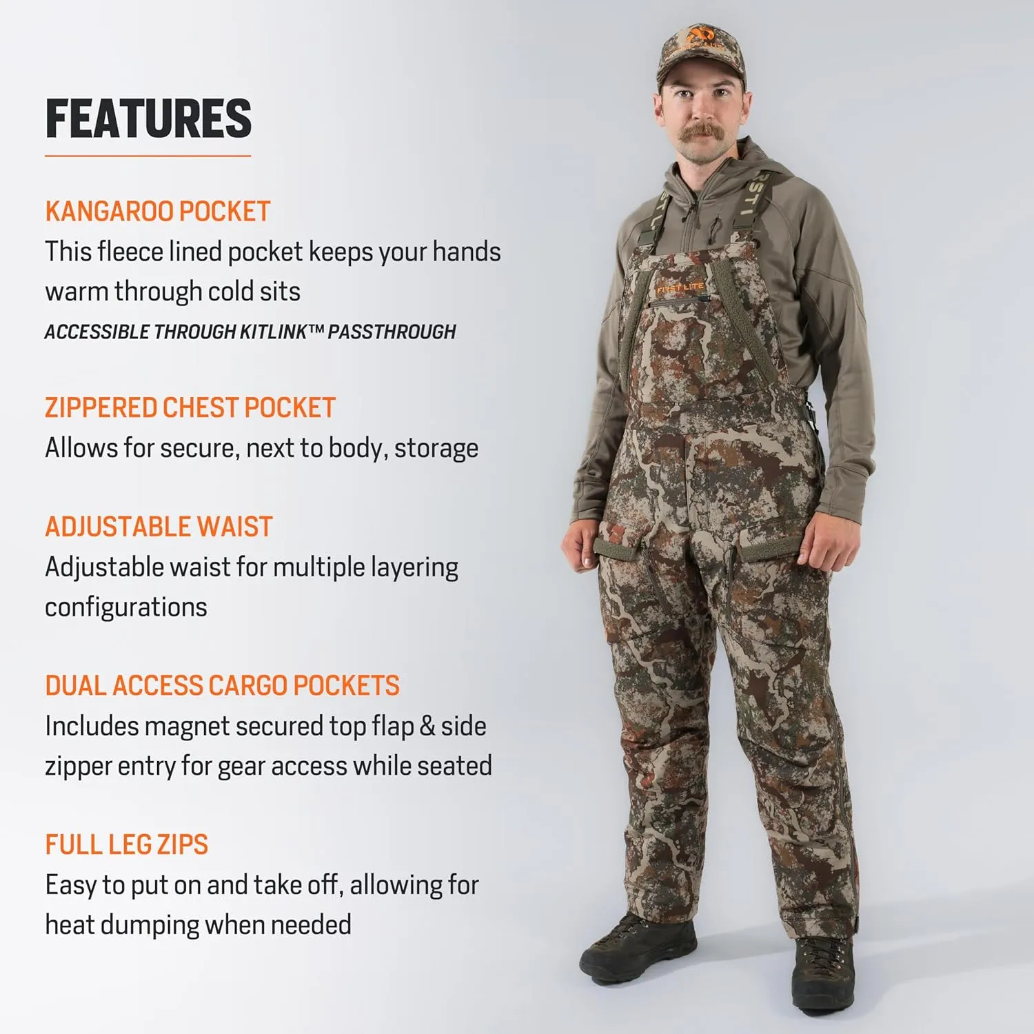 First Lite Men's Thermic Insulated Bib Pant - Warm Windproof Camo Hunting Bibs