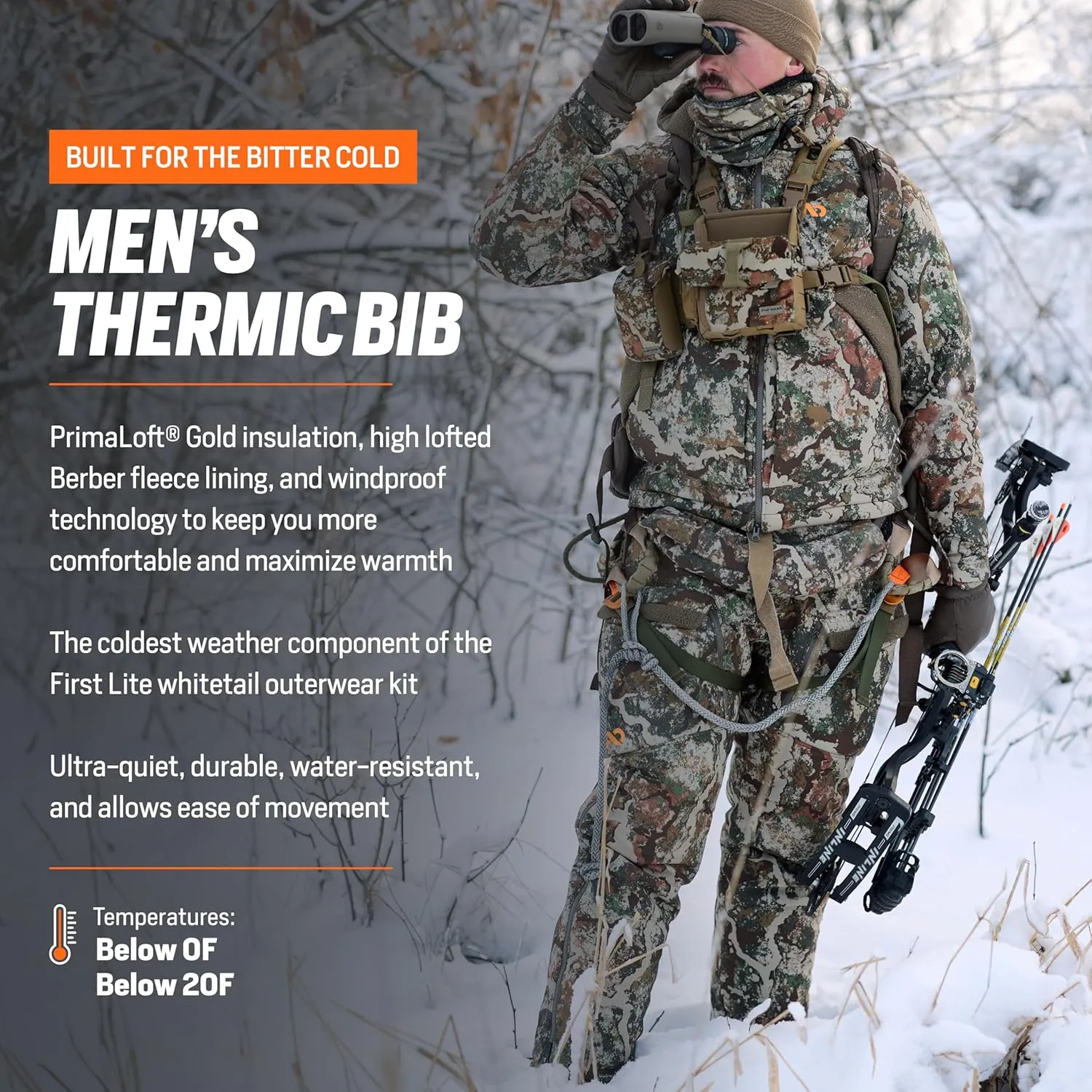 First Lite Men's Thermic Insulated Bib Pant - Warm Windproof Camo Hunting Bibs