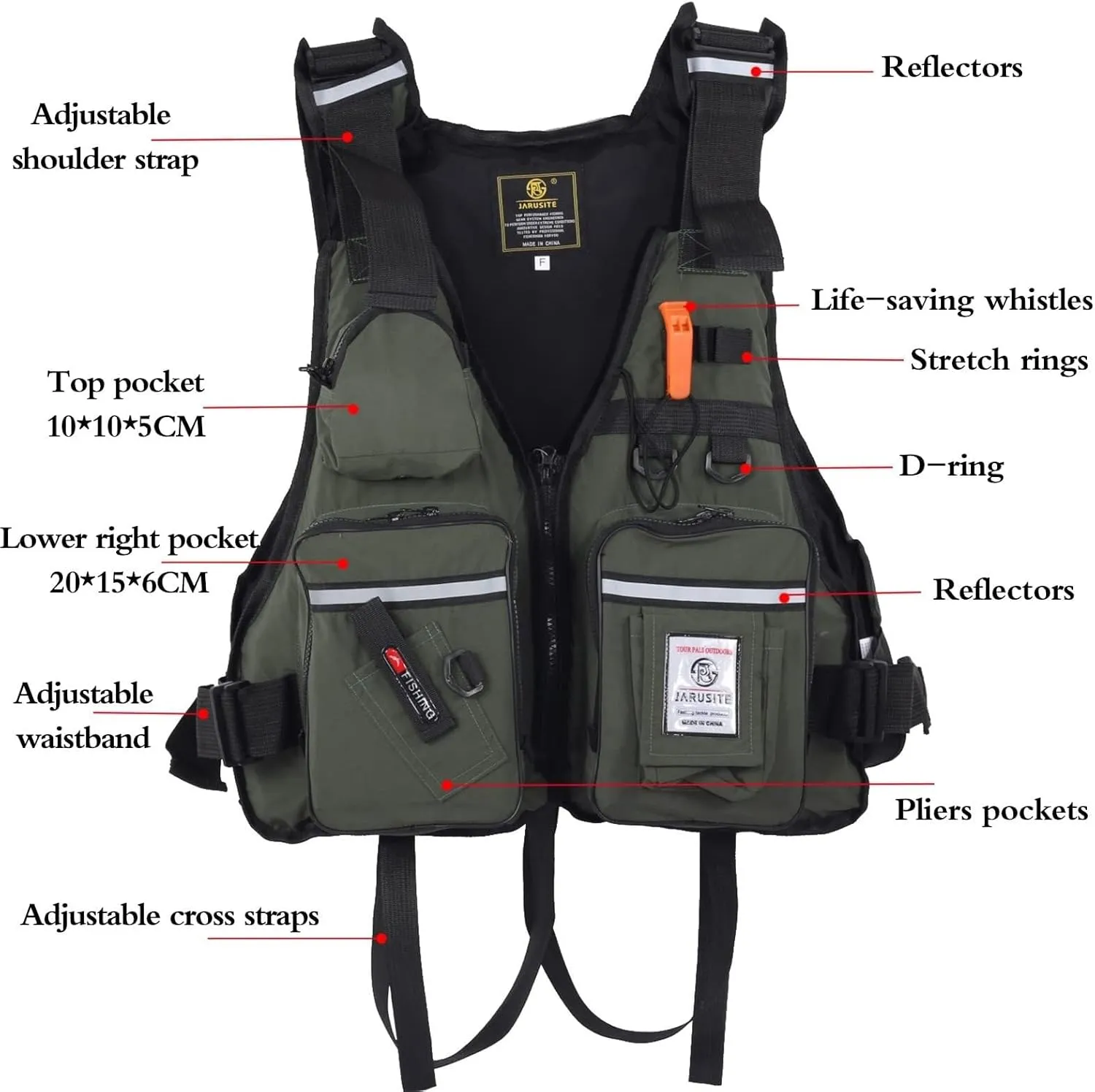 Fishing Jackets with Adjustable Shoulder Waist, Whistle for Swimming Water Equipment Boat Kayak