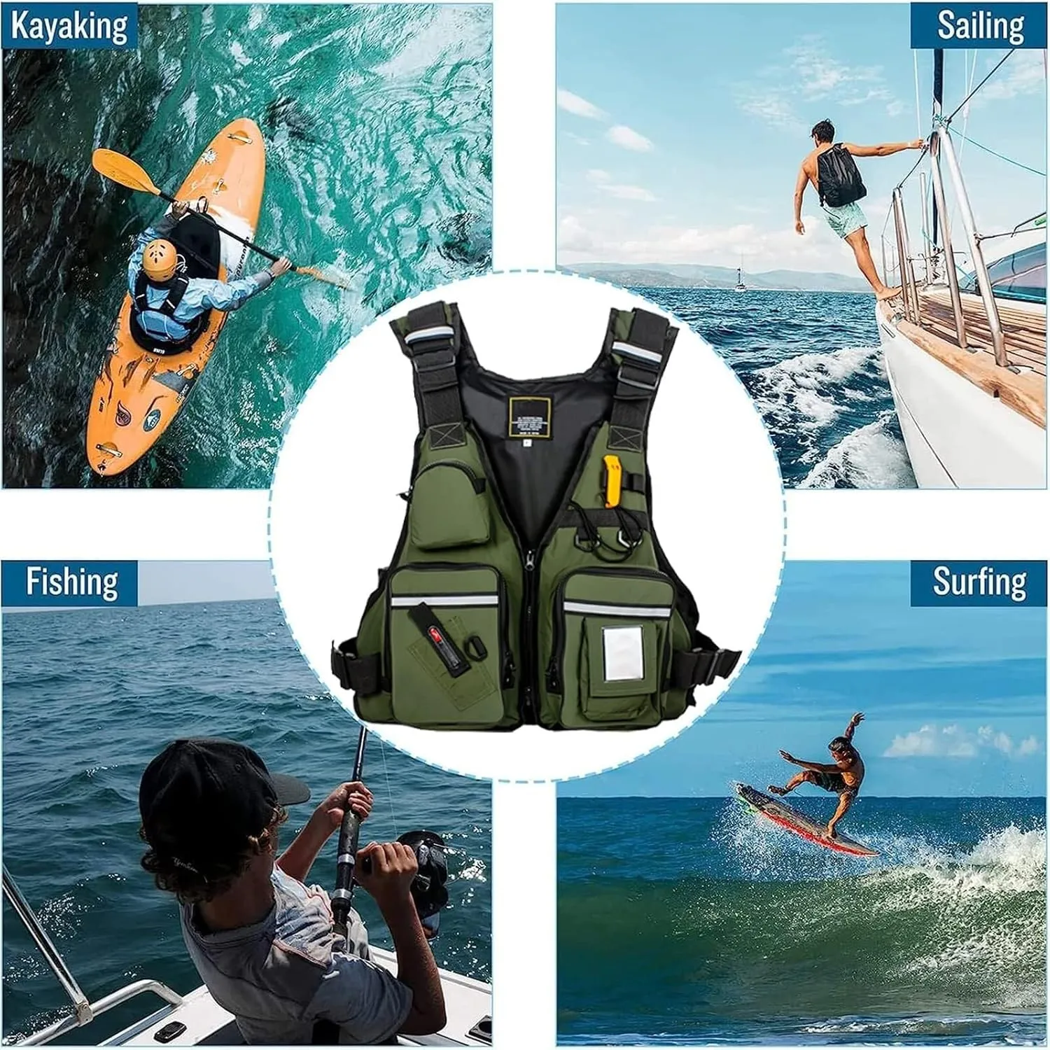 Fishing Jackets with Adjustable Shoulder Waist, Whistle for Swimming Water Equipment Boat Kayak