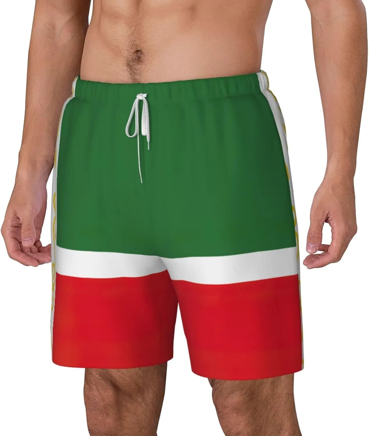 Flag of The Chechen Republic Print Men's Double Layer Swim Shorts, Gym Workout Shorts with Pocket