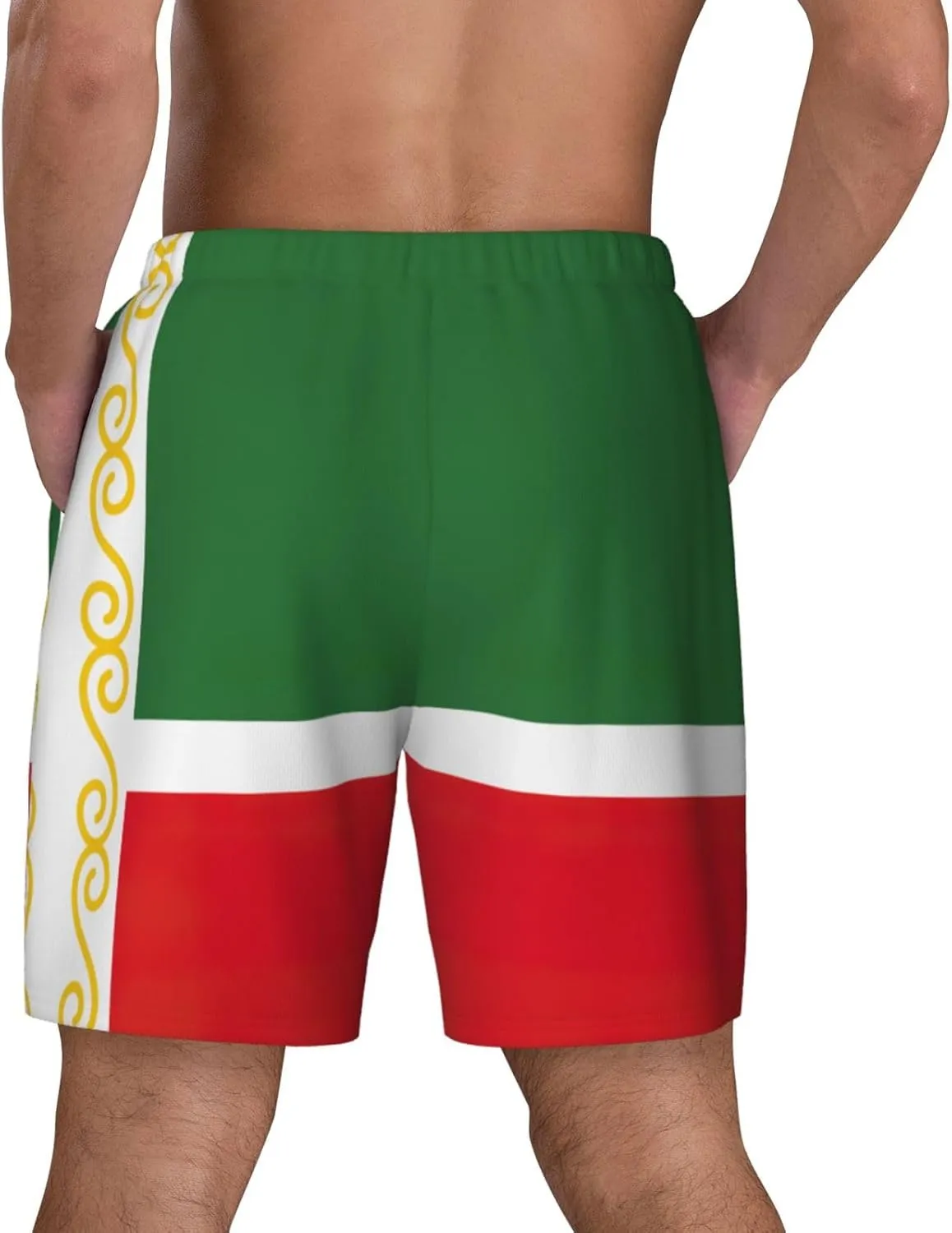 Flag of The Chechen Republic Print Men's Double Layer Swim Shorts, Gym Workout Shorts with Pocket