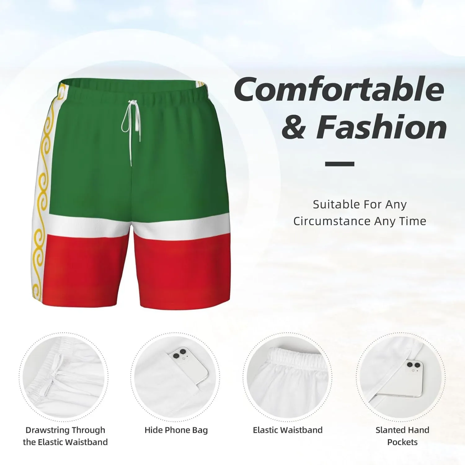 Flag of The Chechen Republic Print Men's Double Layer Swim Shorts, Gym Workout Shorts with Pocket