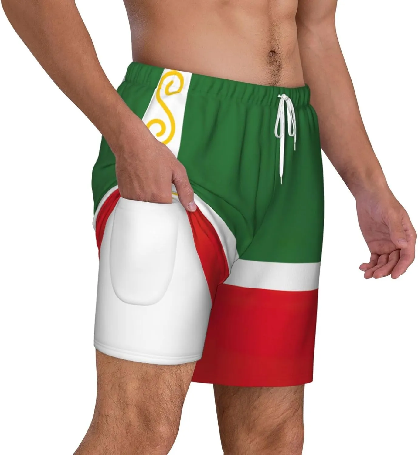 Flag of The Chechen Republic Print Men's Double Layer Swim Shorts, Gym Workout Shorts with Pocket