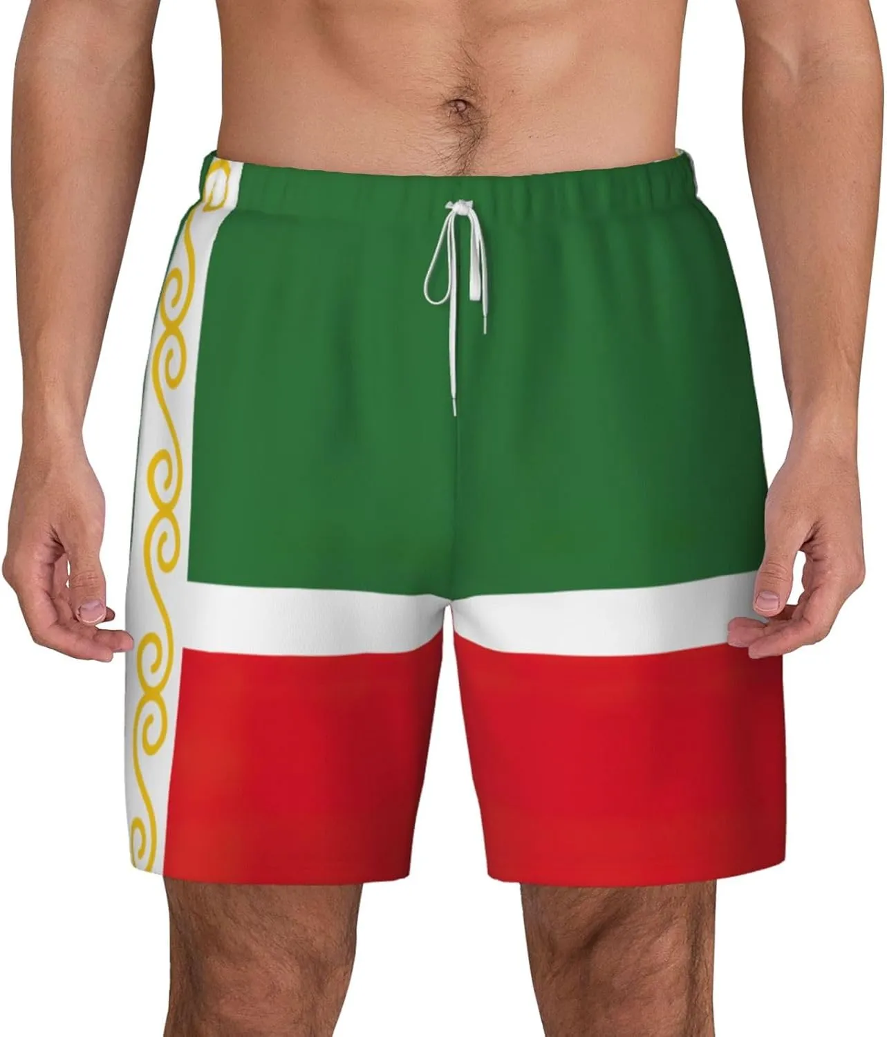 Flag of The Chechen Republic Print Men's Double Layer Swim Shorts, Gym Workout Shorts with Pocket