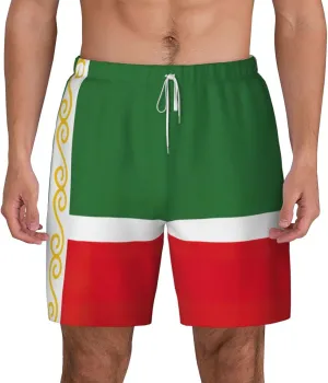 Flag of The Chechen Republic Print Men's Double Layer Swim Shorts, Gym Workout Shorts with Pocket
