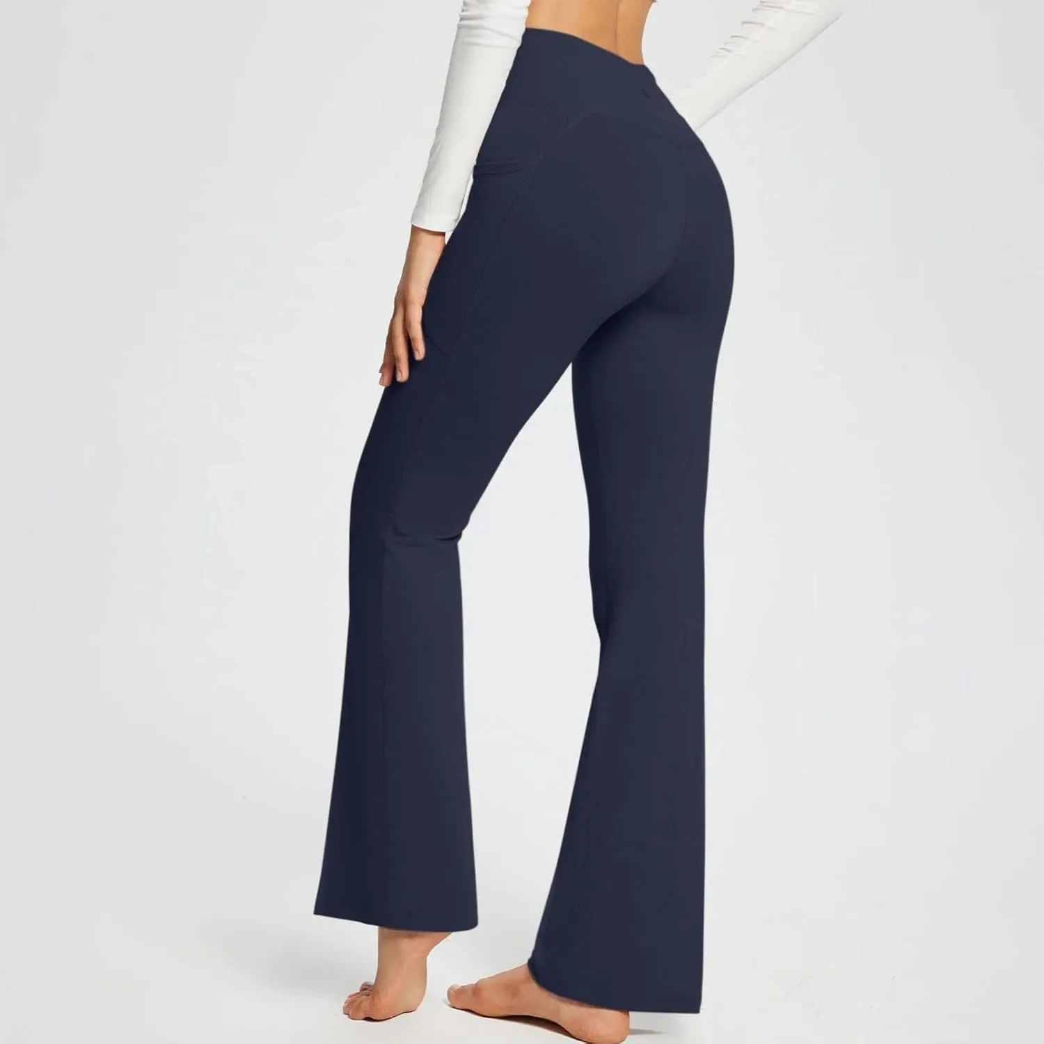 Flare Leggings With Pockets For Women High Waist Casual Workout Bell Bottom Pant Soft Yoga Wide Leg Bootcut Trouser