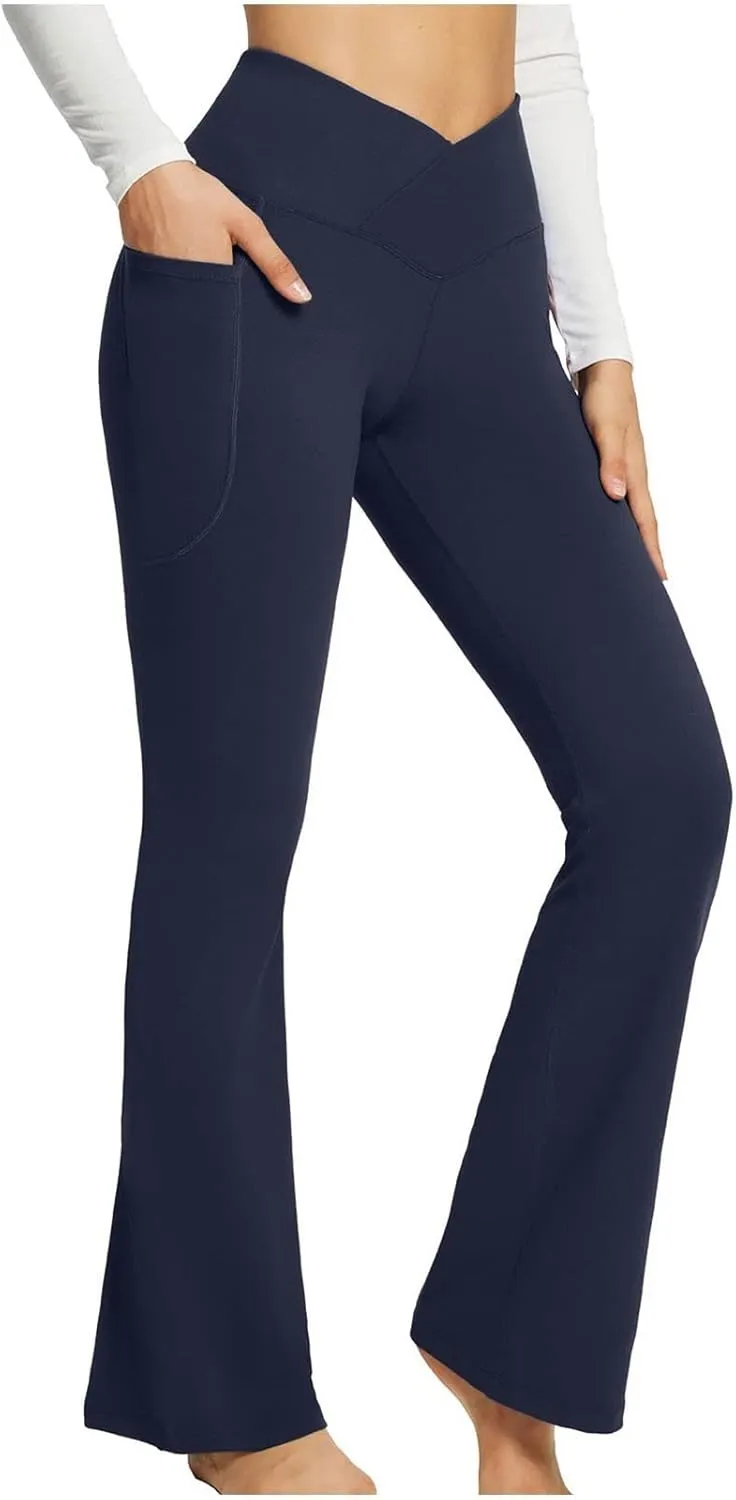 Flare Leggings With Pockets For Women High Waist Casual Workout Bell Bottom Pant Soft Yoga Wide Leg Bootcut Trouser