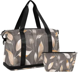 Flax Gray Brown Background Large Travel Bag Weekender Travel Overnight Bag with Adjustable Strap for Trekking 2 Pcs Set