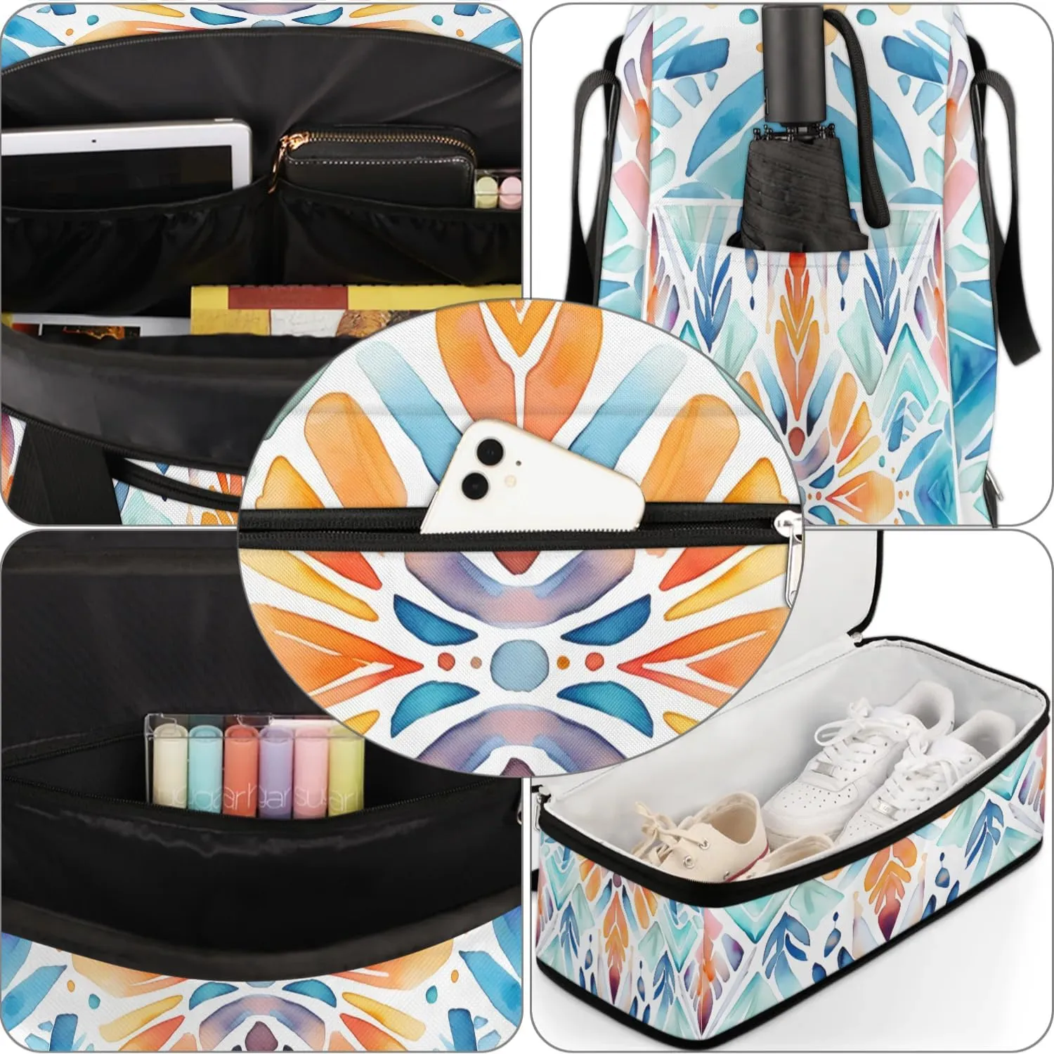 Flora Boho Print Travel Duffle Bag, Collapsible Travel Bag Sports Gym Bag With Shoes Compartment Weekender Bag Overnight Bag For Women Men