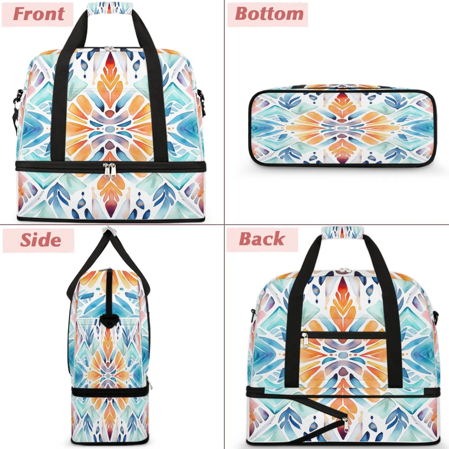 Flora Boho Print Travel Duffle Bag, Collapsible Travel Bag Sports Gym Bag With Shoes Compartment Weekender Bag Overnight Bag For Women Men
