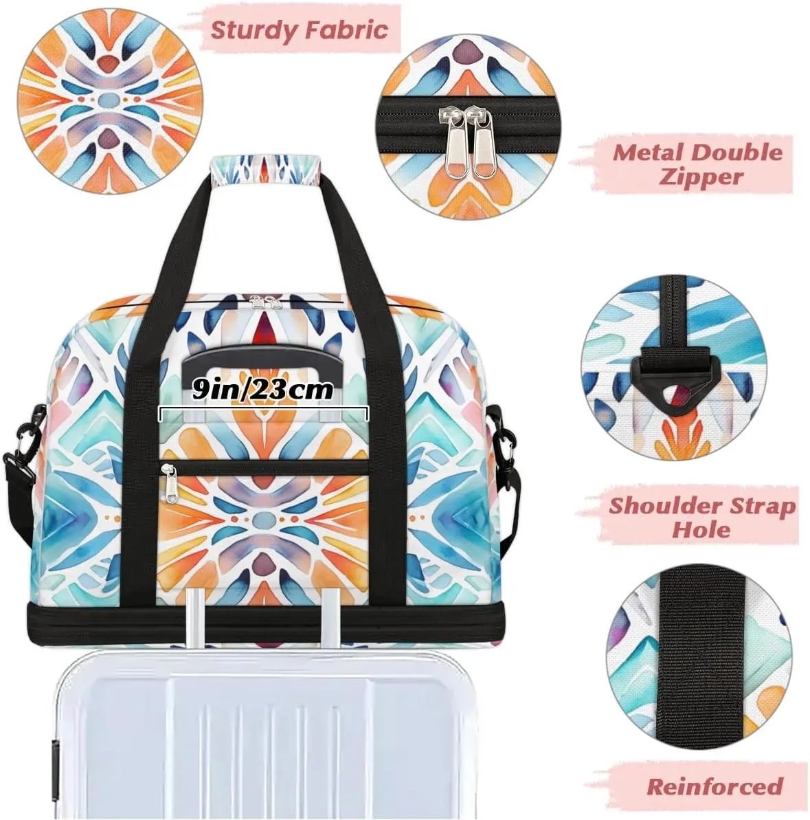 Flora Boho Print Travel Duffle Bag, Collapsible Travel Bag Sports Gym Bag With Shoes Compartment Weekender Bag Overnight Bag For Women Men