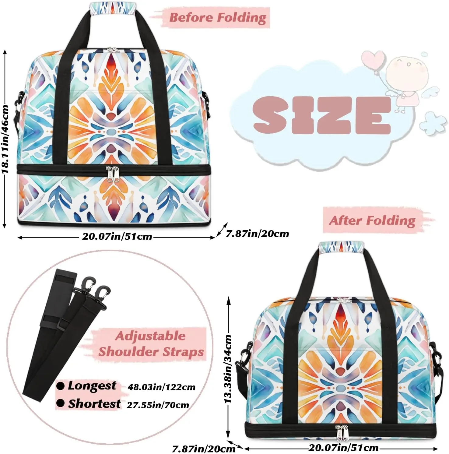 Flora Boho Print Travel Duffle Bag, Collapsible Travel Bag Sports Gym Bag With Shoes Compartment Weekender Bag Overnight Bag For Women Men