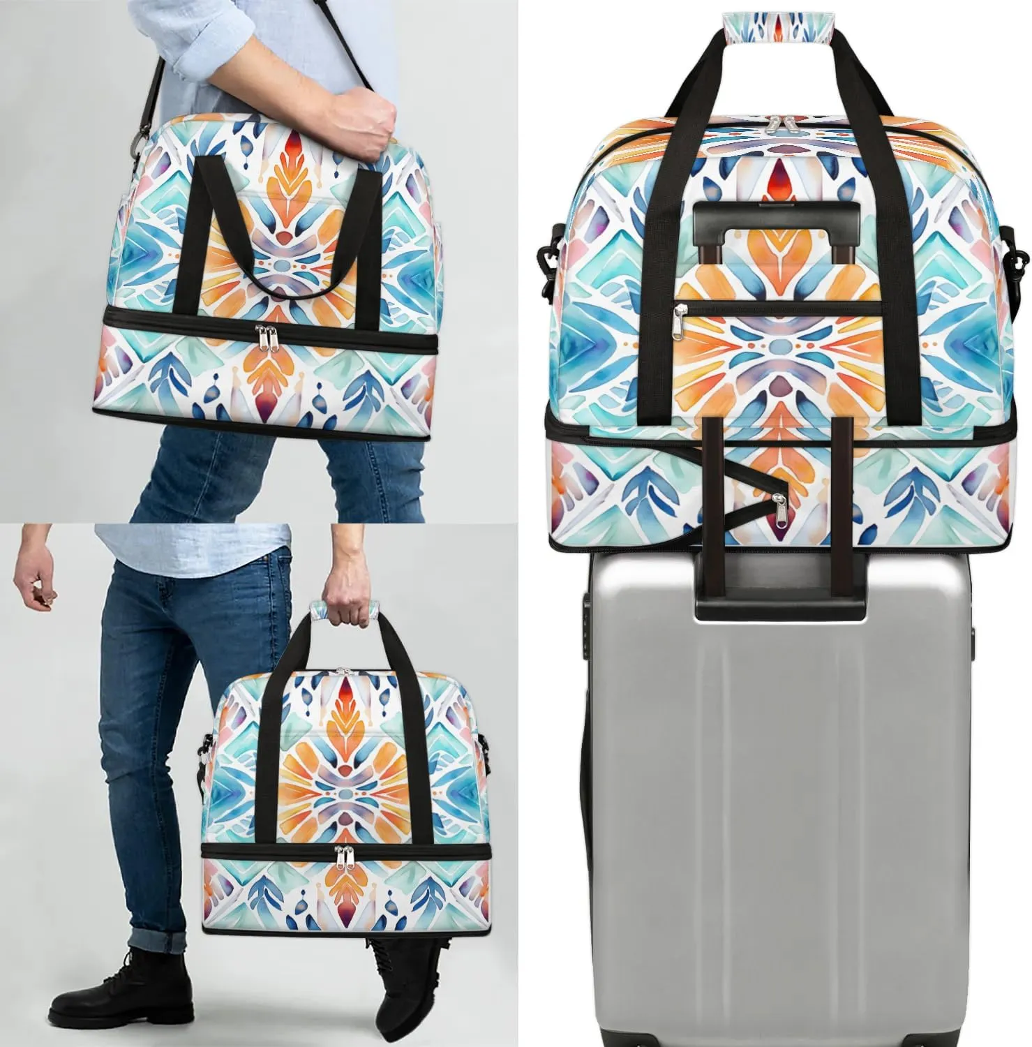Flora Boho Print Travel Duffle Bag, Collapsible Travel Bag Sports Gym Bag With Shoes Compartment Weekender Bag Overnight Bag For Women Men