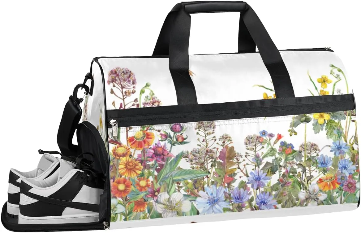 Floral Flower Bee Sports Gym Bag for Women Men Travel Duffel Bag with Wet Pocket & Shoes Compartment Waterproof Weekender Overnight Tote Carry on Bag Lightweight