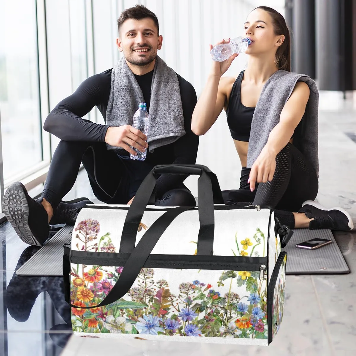 Floral Flower Bee Sports Gym Bag for Women Men Travel Duffel Bag with Wet Pocket & Shoes Compartment Waterproof Weekender Overnight Tote Carry on Bag Lightweight