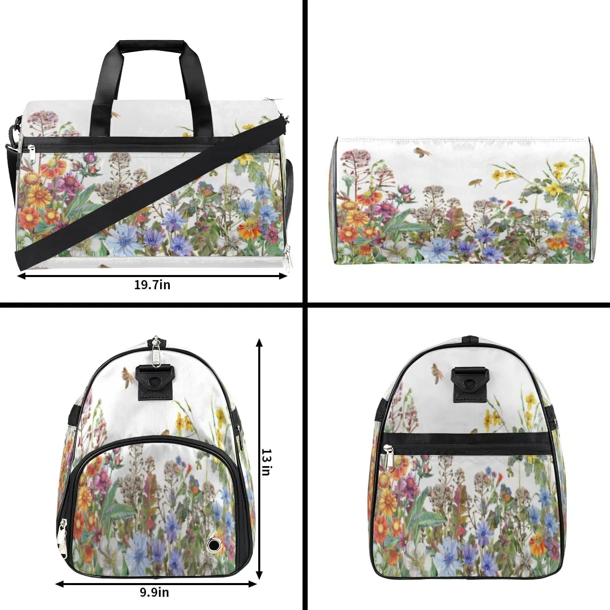 Floral Flower Bee Sports Gym Bag for Women Men Travel Duffel Bag with Wet Pocket & Shoes Compartment Waterproof Weekender Overnight Tote Carry on Bag Lightweight