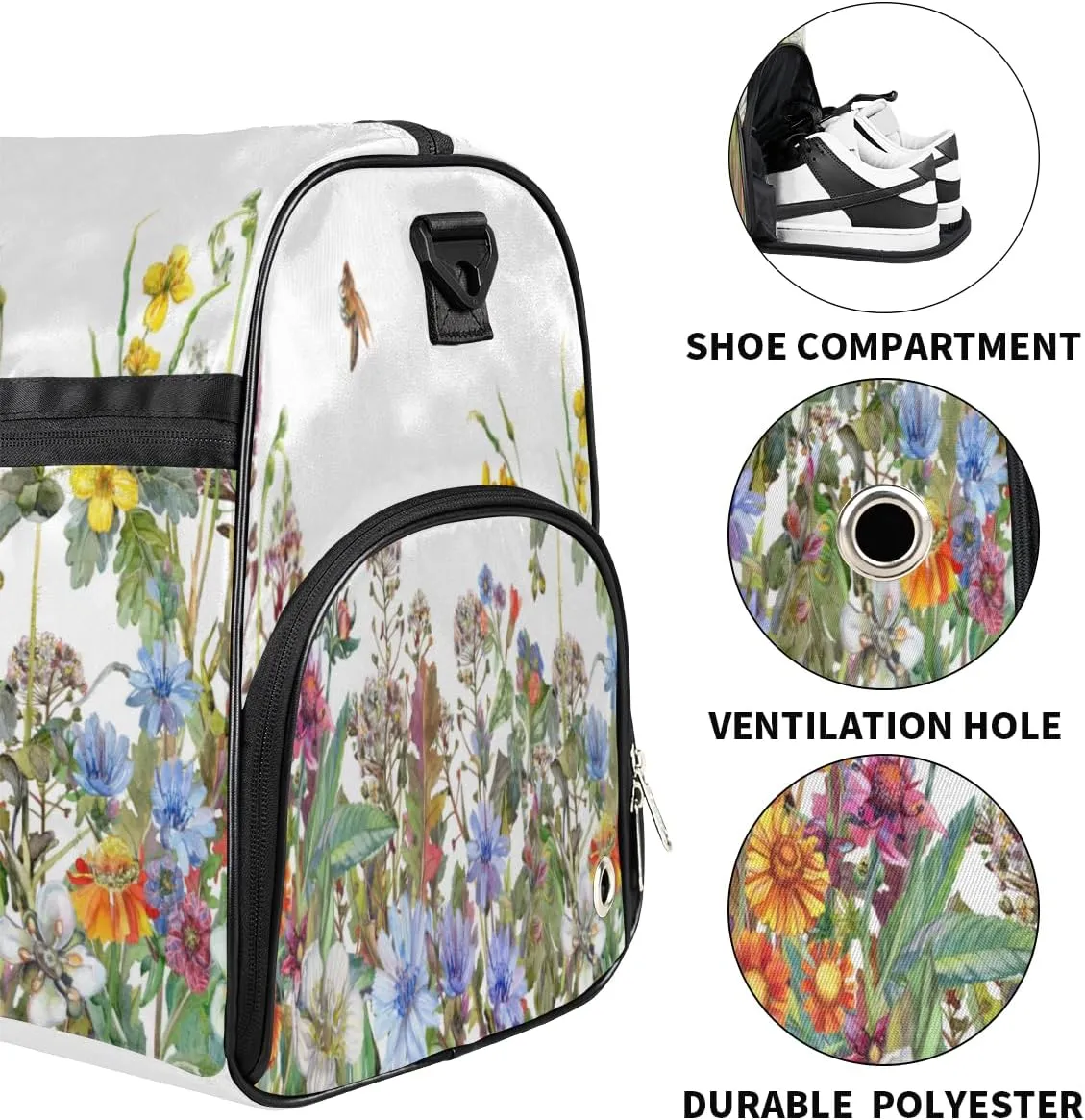 Floral Flower Bee Sports Gym Bag for Women Men Travel Duffel Bag with Wet Pocket & Shoes Compartment Waterproof Weekender Overnight Tote Carry on Bag Lightweight