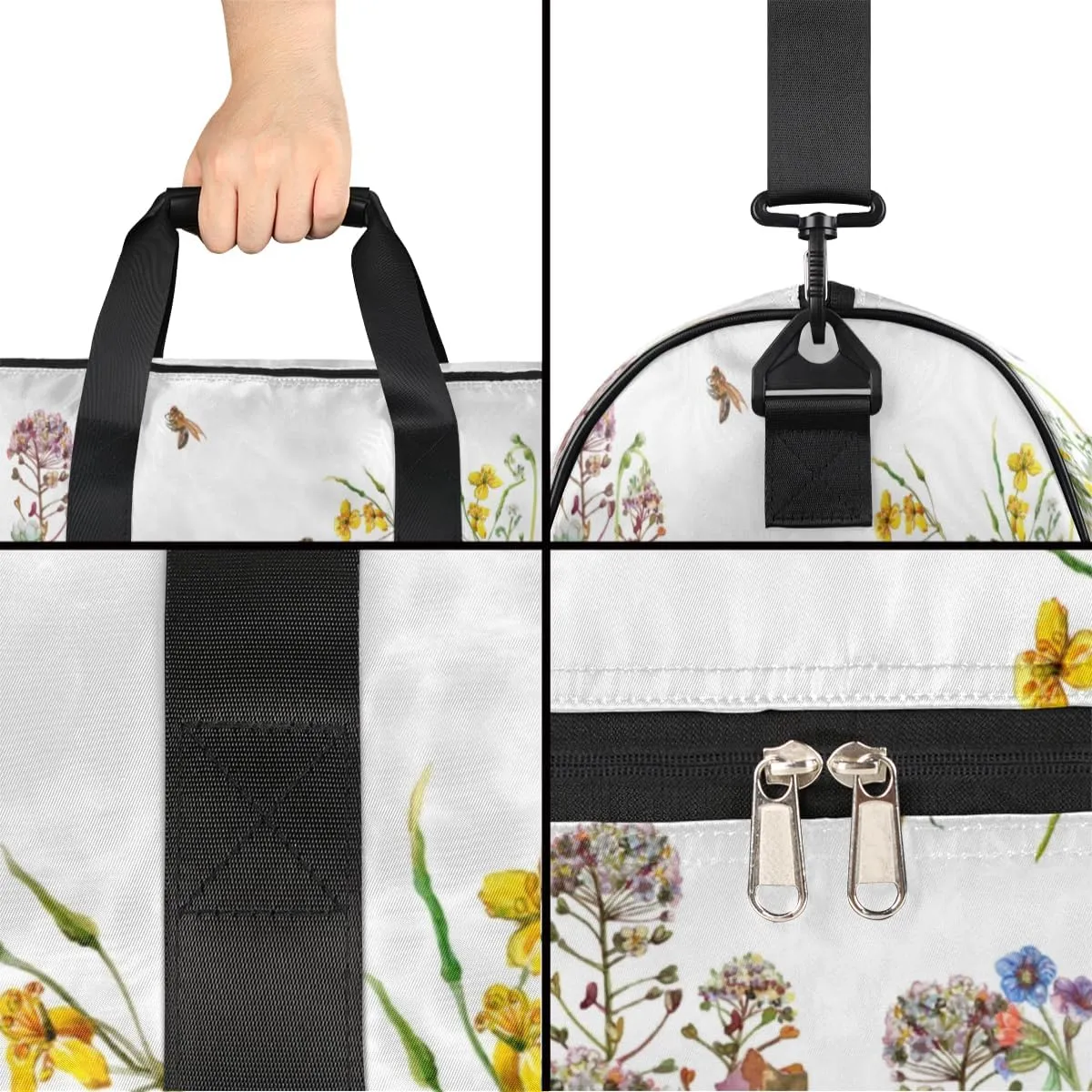 Floral Flower Bee Sports Gym Bag for Women Men Travel Duffel Bag with Wet Pocket & Shoes Compartment Waterproof Weekender Overnight Tote Carry on Bag Lightweight
