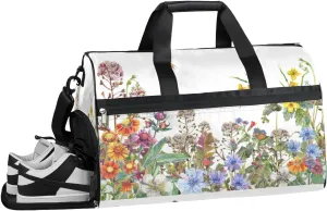 Floral Flower Bee Sports Gym Bag for Women Men Travel Duffel Bag with Wet Pocket & Shoes Compartment Waterproof Weekender Overnight Tote Carry on Bag Lightweight